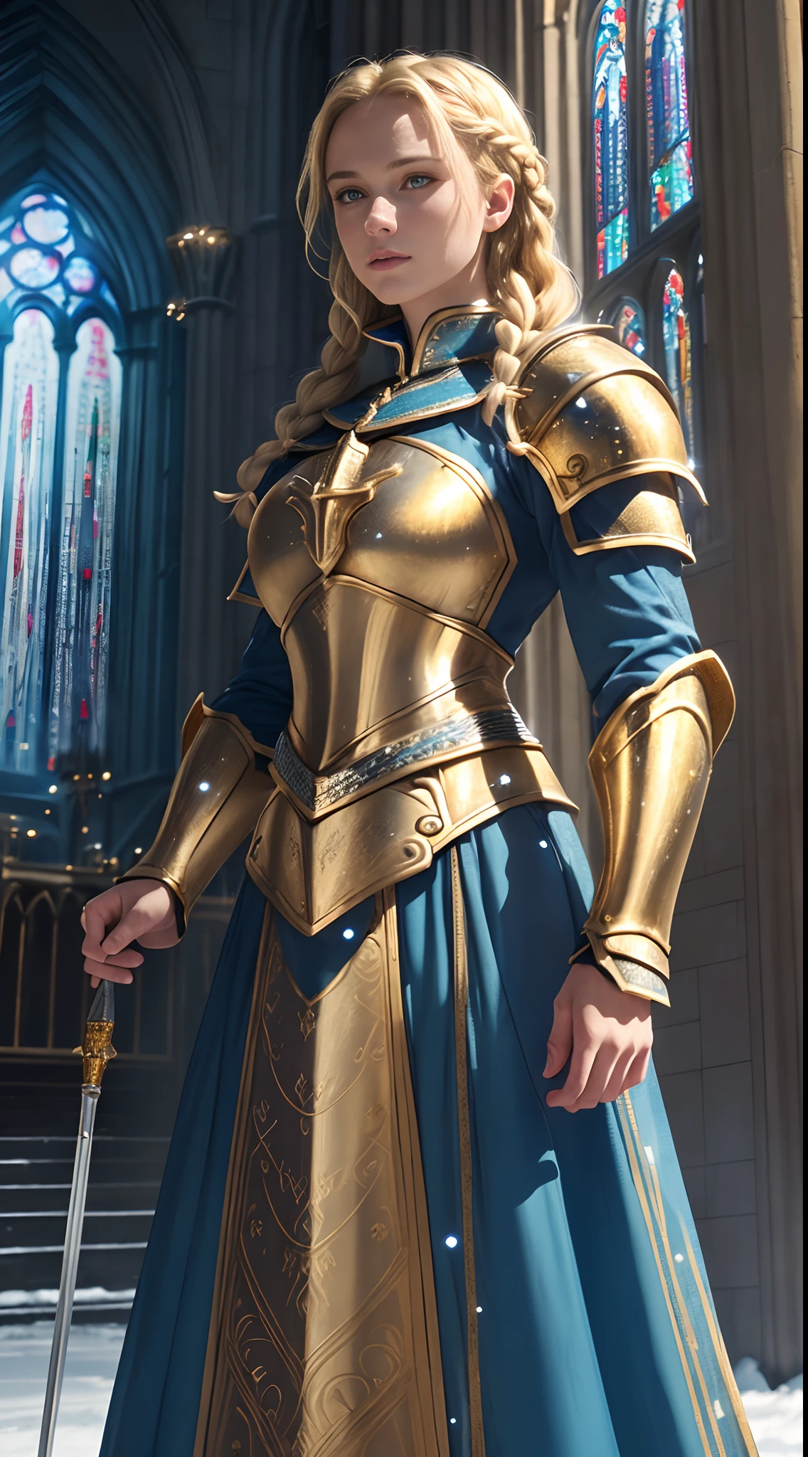 Photorealistic Selfie Image of Gorgeous British Female Knight, (Braided Blonde Hair:1.4), (One Person), (Golden Ornated Knight armor with Blue Inner Dress:1.4), (Serious Face), (Athletic Body:1.4), (Pale Skin:1.4), (Detailed Luminescent Particles:1.4), (Vibrant Colors:1.3), (Dynamic Pose:1.4), (Snowy Cathedral at Noon:1.4), Centered, (Half Body Shot), (From Front Shot:1.4), Insane Details, Intricate Face Detail, Intricate Hand Details, Cinematic Shot and Lighting, Realistic Colors, Masterpiece, Sharp Focus, Ultra Detailed, Taken with DSLR camera, Realistic Photography, Depth of Field, Incredibly Realistic Environment and Scene, Master Composition and Cinematography