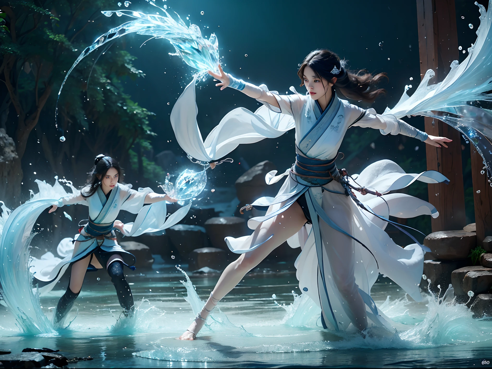 2 beautiful  girls, fighting, full body, slim body, detailed and accurate depth of fields，8K, A high resolution, masterpiece, beautiful wallpapers, high quality, high detail, the perfect face, crystallineAI, fractal art, splash, yushui, river, fighting pose