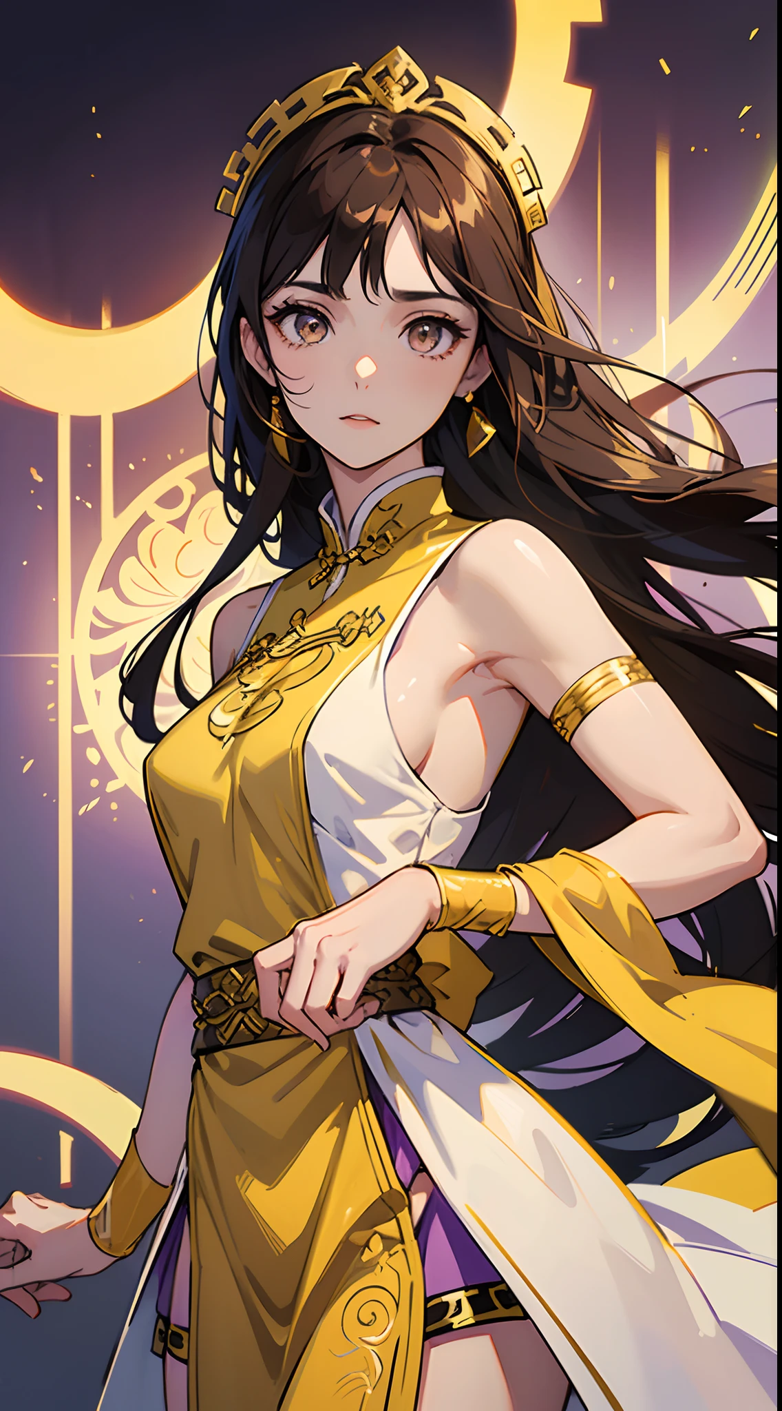 Beautiful woman , very long hair , dark brown hair , gold eyes , lean body , yellow under hair , age 26

Wearing a white dress, purple and gold trim , black straps, sleeveless , long white arm bands , modern Qipao, Sexy , light purple accessories ,