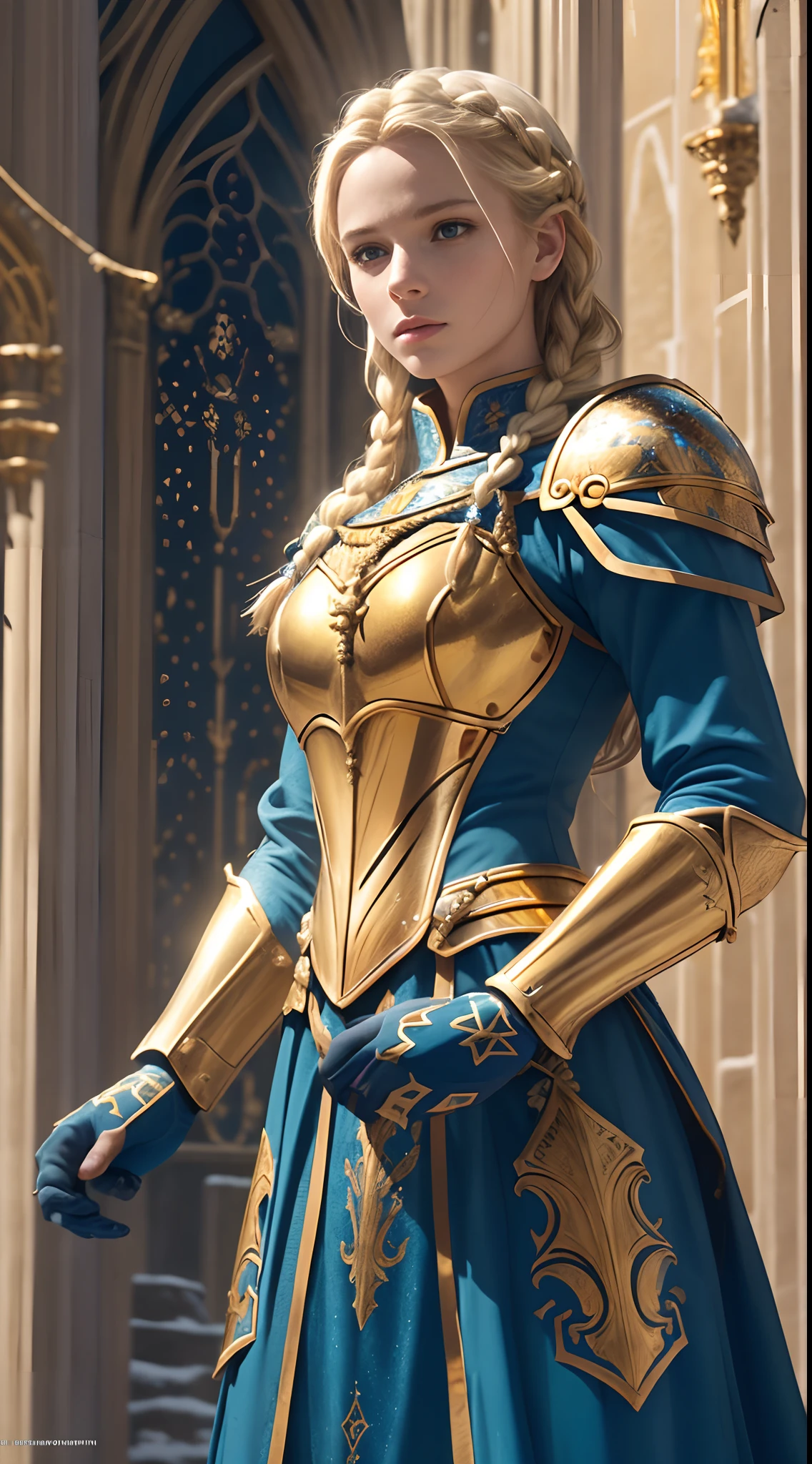 Photorealistic Selfie Image of Gorgeous British Female Knight, (Braided Blonde Hair:1.4), (One Person), (Golden Ornated Knight armor with Blue Inner Dress:1.4), (Serious Face), (Athletic Body:1.4), (Pale Skin:1.4), (Detailed Luminescent Particles:1.4), (Vibrant Colors:1.3), (Dynamic Pose:1.4), (Snowy Cathedral at Noon:1.4), Centered, (Half Body Shot), (From Front Shot:1.4), Insane Details, Intricate Face Detail, Intricate Hand Details, Cinematic Shot and Lighting, Realistic Colors, Masterpiece, Sharp Focus, Ultra Detailed, Taken with DSLR camera, Realistic Photography, Depth of Field, Incredibly Realistic Environment and Scene, Master Composition and Cinematography