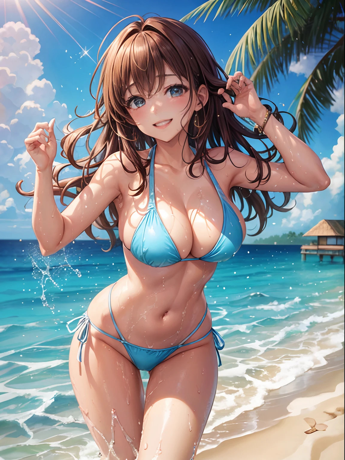 top-quality、Full limbs、complete fingers、One beautiful woman、Beautiful Large Breasts、straight haired、Brown-haired hair、Light blue competitive swimsuit、Wet texture、A big smile、Resorts、Maldives、Light blue water surface、sexypose、is standing