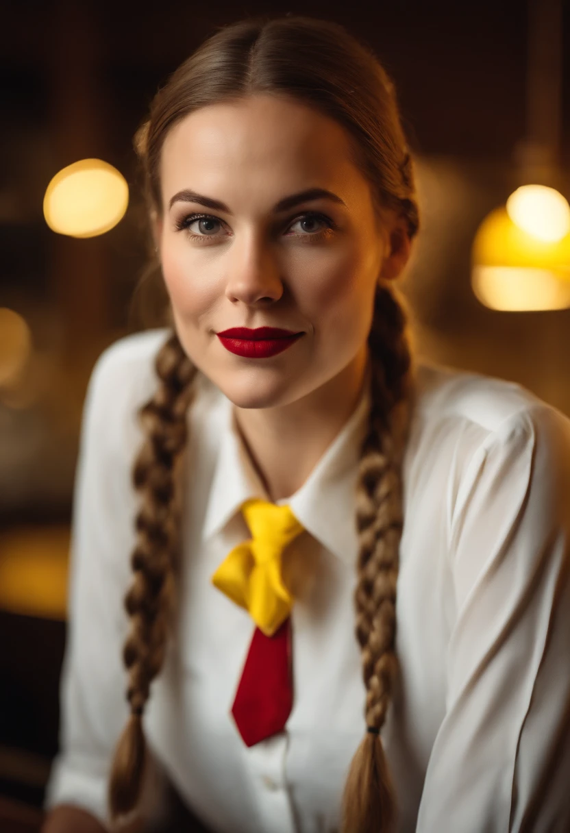 Portrait of a white female waitress wearing a white blouse and a yellow tie. shoulder length brown hair in two braided pigtails. bright red lipstick. realistic. photo quailty.