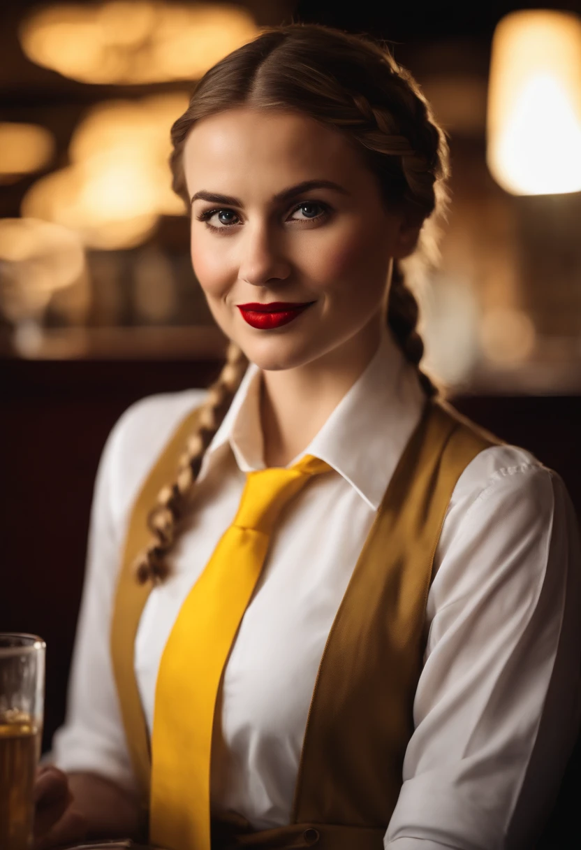 Portrait of a white female waitress wearing a white blouse and a yellow tie. shoulder length hair in two braided pigtails. bright red lipstick. realistic. photo quailty.