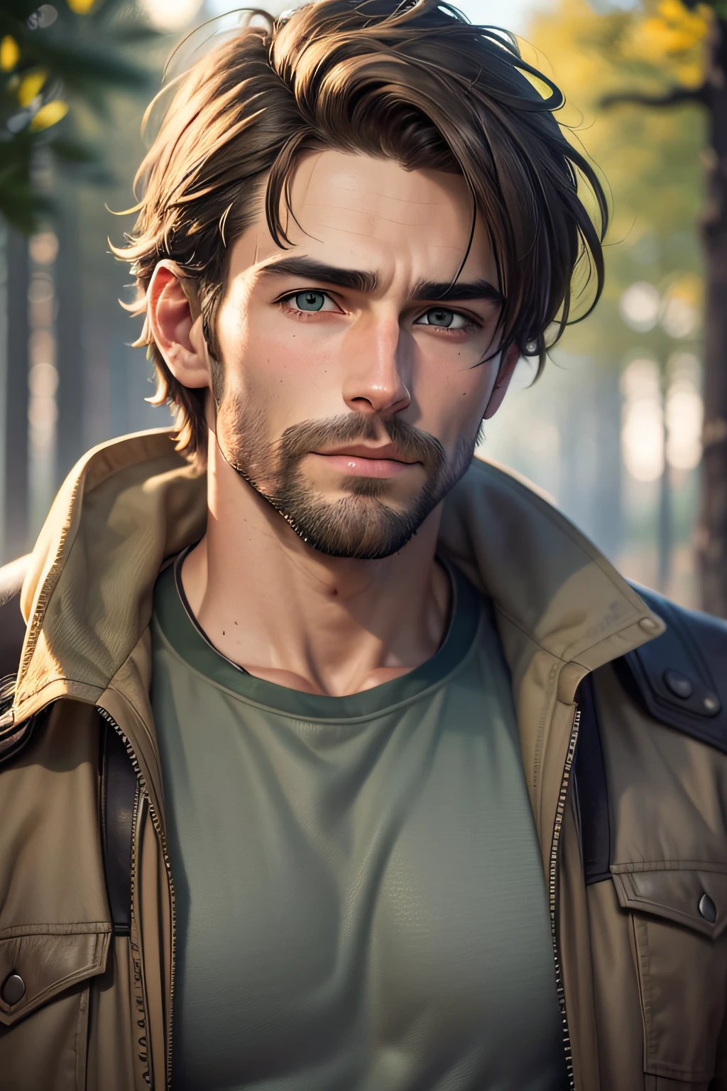 "Generate a highly detailed and realistic portrait of a man in his late twenties named Jack. Jack has tanned skin with subtle lines from outdoor exposure, deep green eyes that reflect determination and weariness, short and messy light brown hair, and a well-kept scruffy beard. He is wearing a gray jacket that shows signs of wear and tear, and his facial expression is one of quiet strength with a touch of fatigue. The image should capture the essence of a rugged outdoorsman."