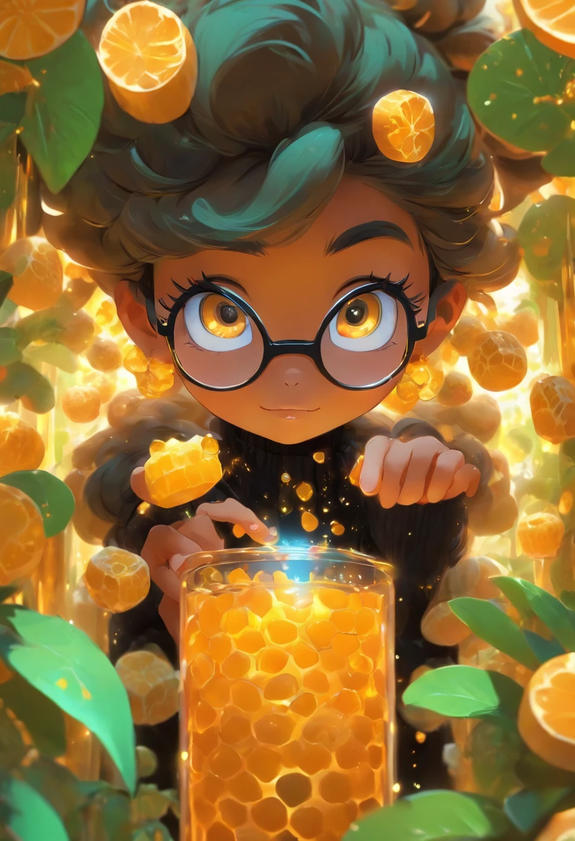 um livro,Menina usando oculos de aro preto, segurando um vaso de planta, in the style of detailed character illustrations, Lilia Alvarado, Playful cartoon illustration, honeycore, Close-up, digital illustation