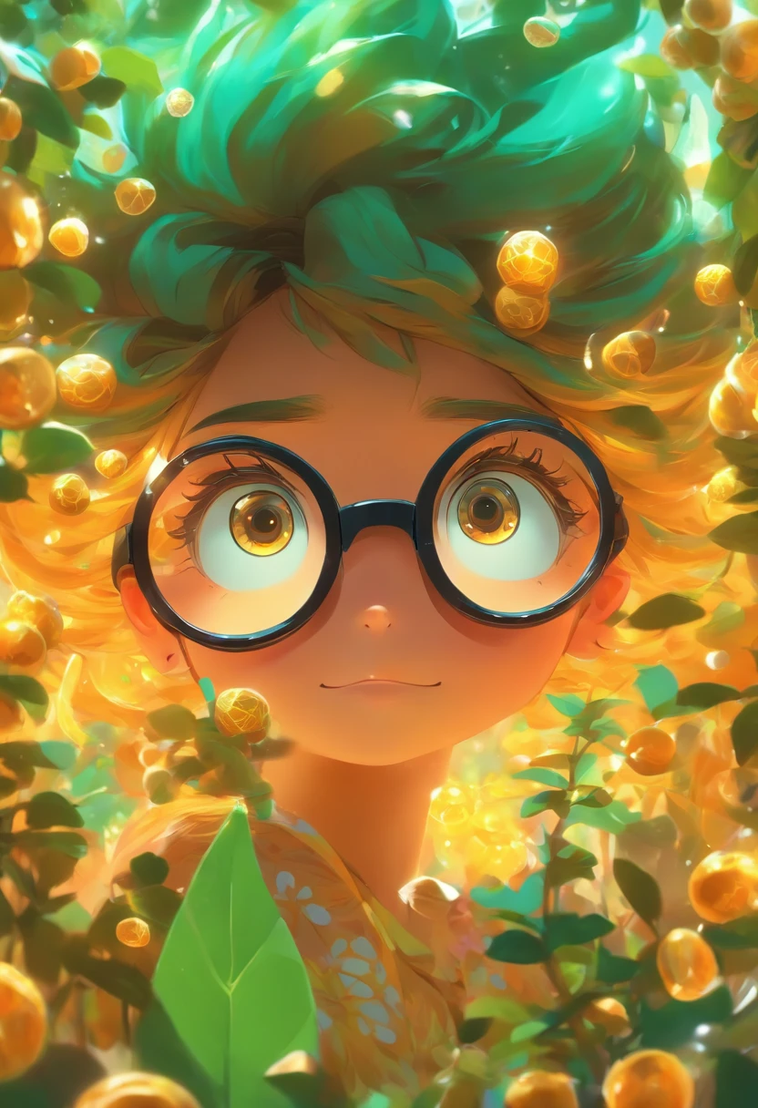 um livro，Menina usando oculos de aro preto, segurando um vaso de planta, in the style of detailed character illustrations, Lilia Alvarado, Playful cartoon illustration, honeycore, Close-up, digital illustation