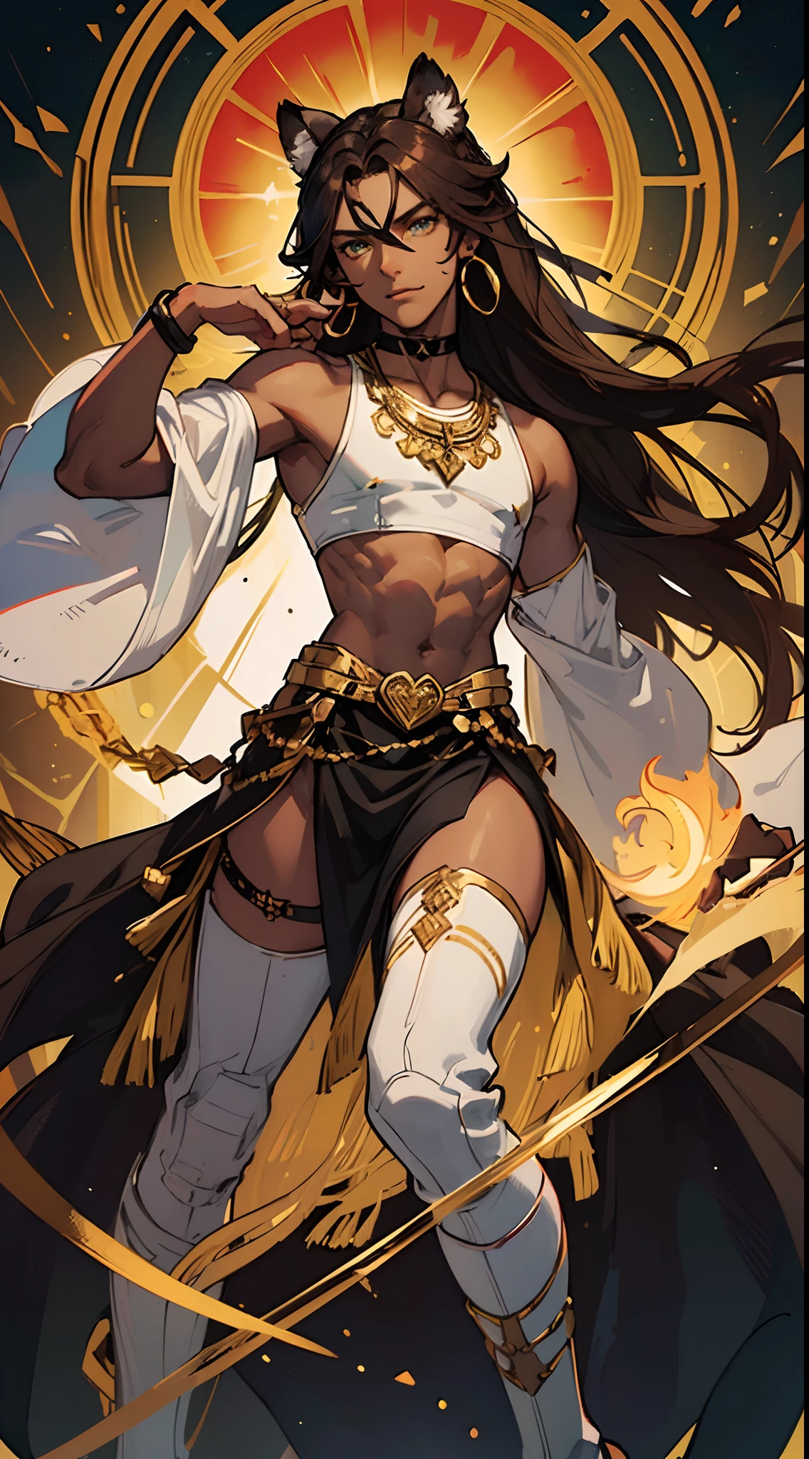 ((Beautiful man:1)) , ((Dark skin:1.5)) , (( Extremely long hair)) , ((Brown hair)) , ((male:1.4)) , full lips , Green eyes , ((has black Tiger ears:1)) , ((Crop top:1)) , ((Skinny build)) ,effeminate , age 32
Wearing a golden top , golden choker , red and black waist wrap , metal golden rings around thighs, black high heel boots , hoop earrings, golden accessories,