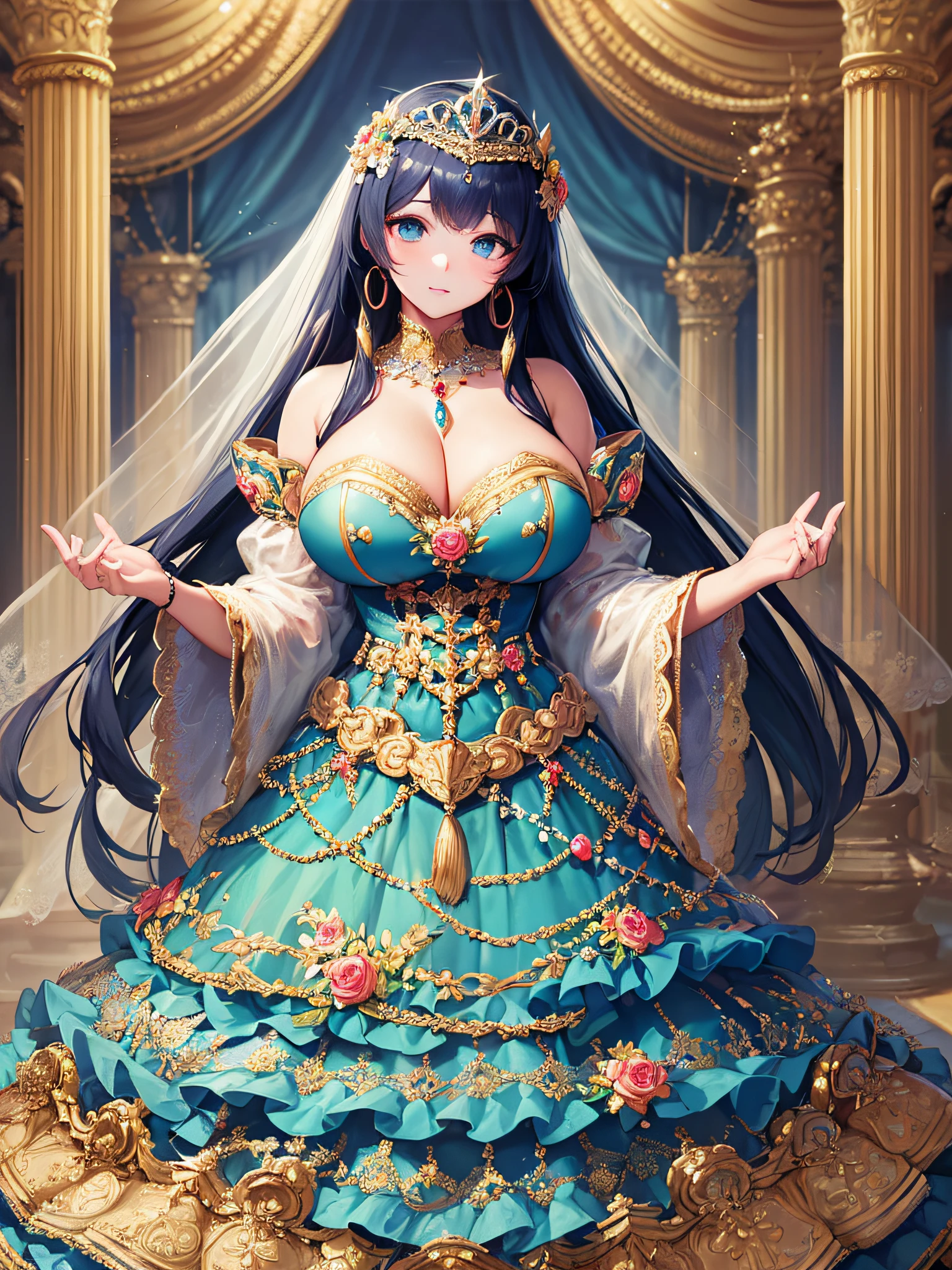((anime artstyle)),(Masterpiece),(Best Quality), (Super Detail),((Very Delicate and Beautiful)),(moe anime art style:1.3),1 girl,((full body portrait)),standing in palace of versailles,((solo)),cute,kawaii,digital art,(((1 princess in gorgeous princess rococo ballgown with voluminous full length hoop skirt))),((crinoline)),long train,((beautiful embroidery and jeweled)),voluminous frills,See-through,(gorgeous embroidery and beautiful lace),(((gigantic tits,,Long tits,skindentation))),((large amount of straight hair,extremely voluminous Hair,Very Long Straight Hair)),((finely detailed face and eyes)),clear pupil,extremely gorgeousfull hair ornament,(bling-bling jeweled extremely gorgeousfull tiara),(bling-bling gorgeous gemstone jewelry),long veil,(beautiful background),full body,((gorgeous princess rococo ballgown with voluminous full length hoop skirt))