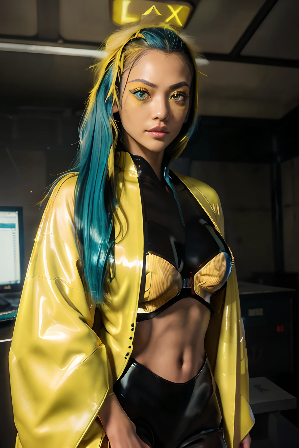 8k, ARTISTIC photography, best quality, masterpiece: 1.2), (realistic, photorealistic: 1.37` Movie still from matrix movie, (cyber punk woman connected to a sever mainframe,), ((Blue hair)) , (server room), ((Rila Fukushima)), over-detailed face, (((big open eyes))), beautiful body, toned body, (( dressed as futuristic Geisha clothes, ǍCROŇYM)). (((latex yellow Kimono))), posing, in dark room wires coming through the walls and from computer monitors.