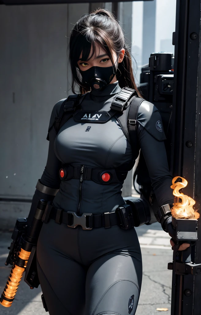 A woman in a black suit holding a gun and wearing a mask - SeaArt AI