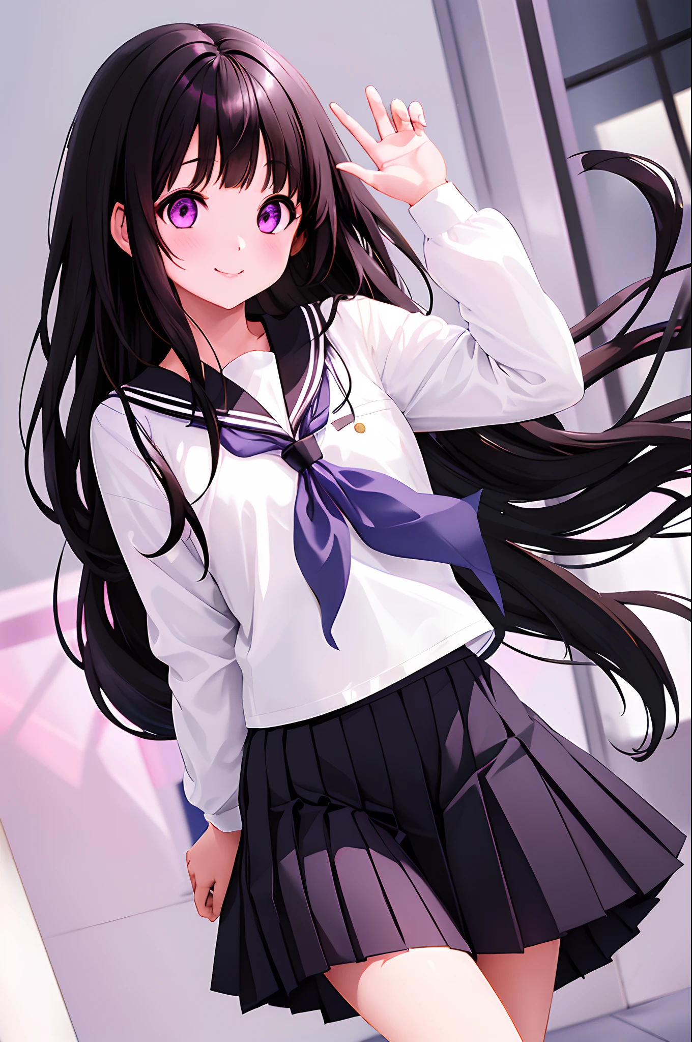 1girl, chitanda eru, long hair, black hair, school uniform, purple eyes, white shirt, white socks, pleated skirt, bangs, black sailor collar, neckerchief, black skirt, long sleeves, smile, waving,