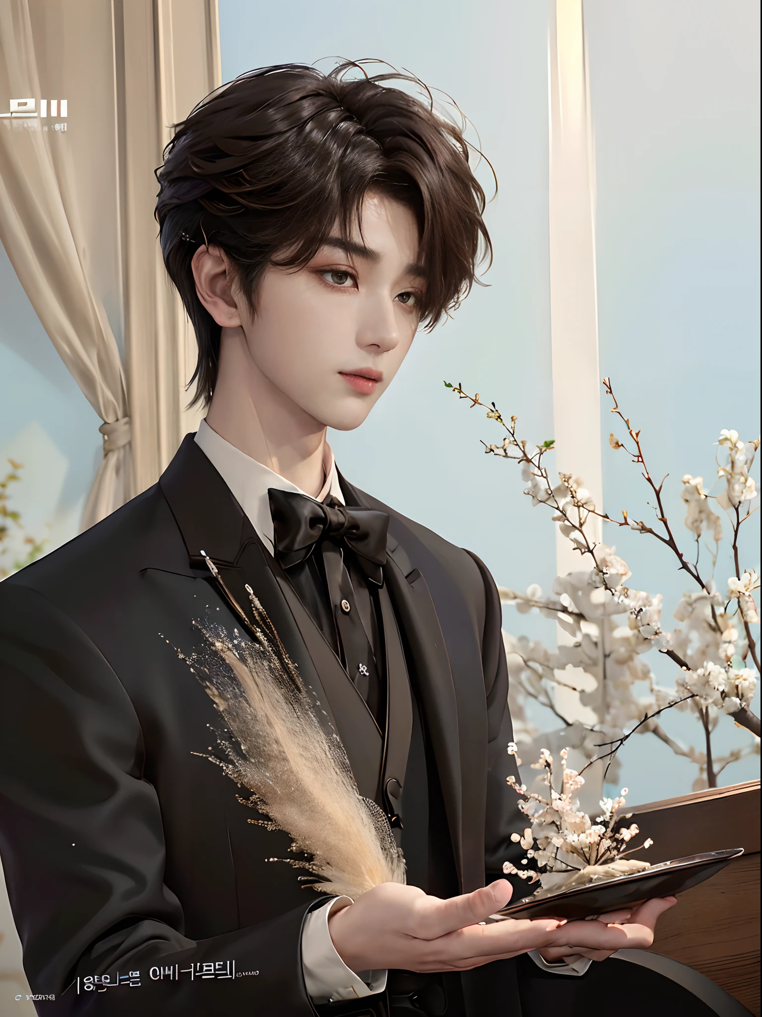 ((4K works))、masterpiece、(top-quality)、((high-level image quality))、((One Manly Boy))、Slim body、((Man in black tuxedo))、(Detailed beautiful eyes)、((Model Magazines))、deacon、Face similar to Chaewon in Ruseraphim、((short hair above the ears))、((Smaller face))、((Neutral face))、((Light brown eyes))、((Korean boy))、((18year old))、((Handsome man))、((A charming expression))、((Korean Makeup))、((elongated and sharp eyes))、((Focus zoom out))、((Model Magazine Cover))、((model poses))、((Model photo))、((Butler photo))、Professional Photos、((Magazine covers))、((Shot alone))、((Upper body photography))、((Butler's Magazine))
