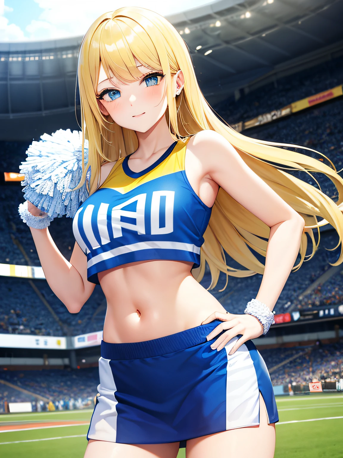 young girl 18 years old cheerleader, dressed in blue and white, blonde girl with green eyes, long hair, sensual style, on an American football field