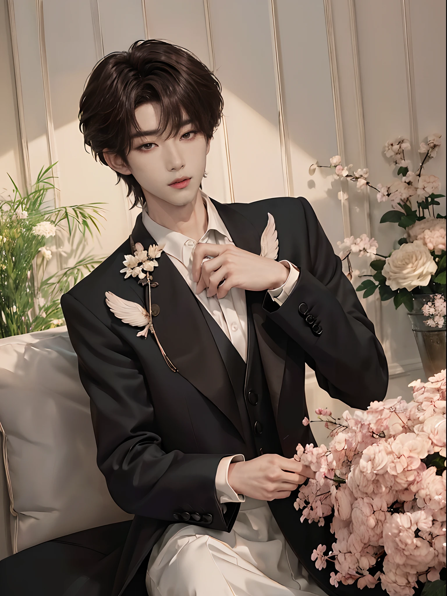 ((4K works))、masterpiece、(top-quality)、((high-level image quality))、((One Manly Boy))、Slim body、((Man in black tuxedo))、(Detailed beautiful eyes)、((Model Magazines))、deacon、Face similar to Chaewon in Ruseraphim、((short hair above the ears))、((Smaller face))、((Neutral face))、((Light brown eyes))、((Korean boy))、((18year old))、((Handsome man))、((A charming expression))、((Korean Makeup))、((elongated and sharp eyes))、((Focus zoom out))、((Model Magazine Cover))、((model poses))、((Model photo))、((Butler photo))、Professional Photos、((Magazine covers))、((Shot alone))、((Upper body photography))、((Butler's Magazine))