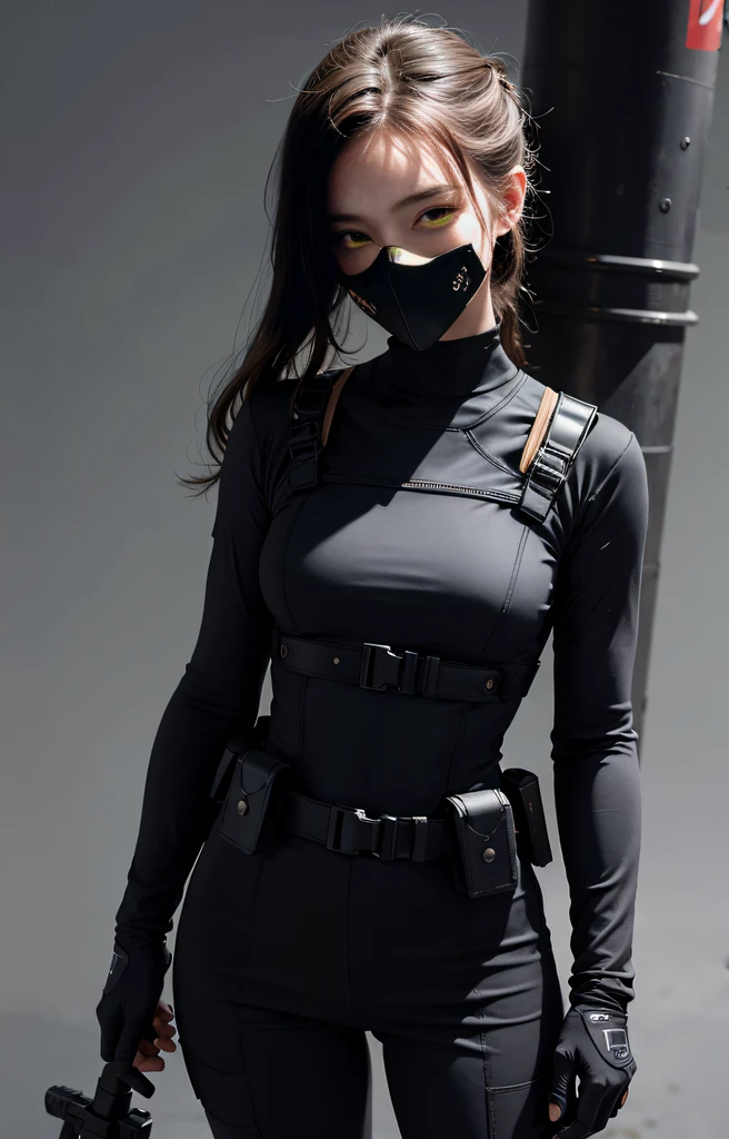 Highest image quality, outstanding details, ultra-high resolution, (realism: 1.4), ((close up:0.75)), highly condensed 1 lady, with beautiful and a delicate face, perfect proportion, aiming the viewer, ((aiming the viewer)), (chubby:0.3, small breasts), (cloths color base ratio black:0.4 white:0.5 other-color:0.1), (wearing rash-guard likes police uniform, black and gray mecha, wearing high-tech heavy gasmask, military harness, holding a machinegun, carrying hich-tech-flamethrower -tank on back), captain, background simple gray wall,