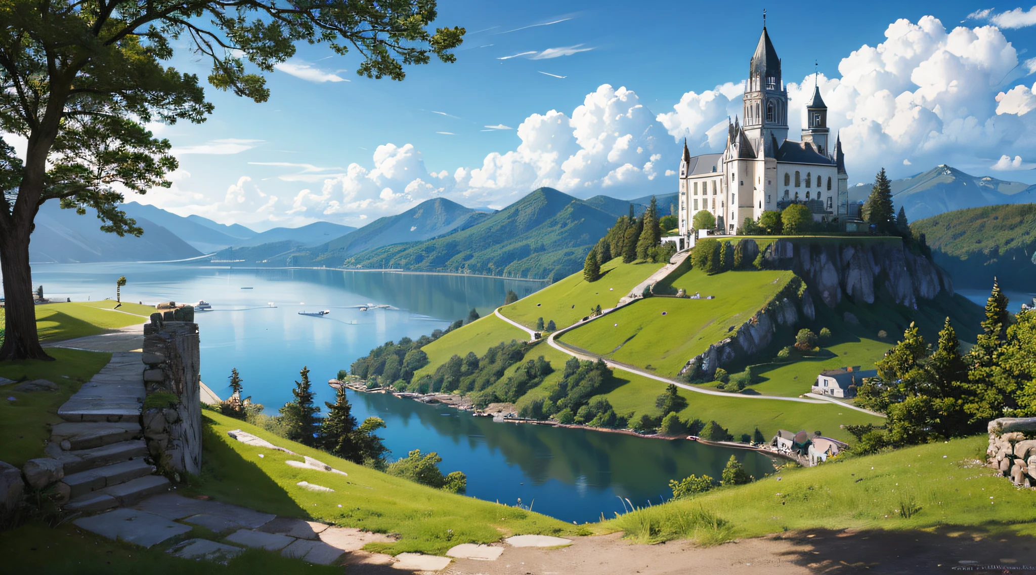 Generate a highly detailed and high-resolution image of a church and a cross in a scenic landscape with a sky filled with clouds and a serene lake. 16k