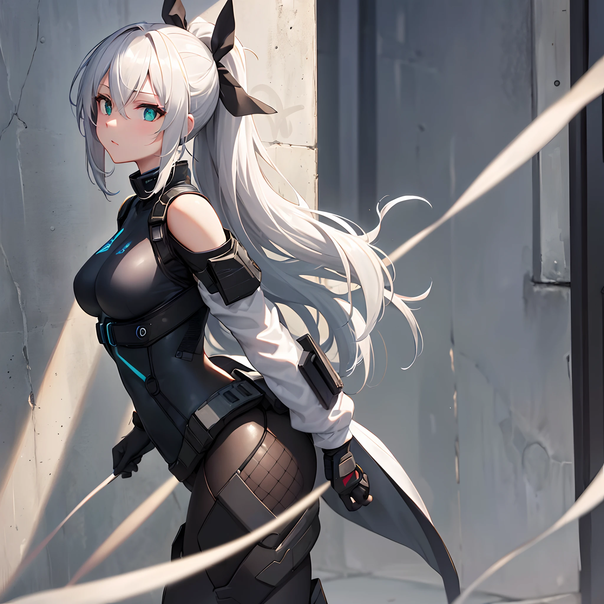 (Highres, best quality,8k,raytracing,1 girl, solo), (young woman, medium breasts,futuristic combatant, black and blue bodysuit, light combat suit, intricate bodysuit, frills, mini skirt), white hair, long hair, ponytail with red ribbon, black fringes, (detailed green eyes, glimmer eyes), sidebangs, hair between eyes, shoulder look, from the side, cold expression, surprised expression, ruined gray wall in background, graffiti, district