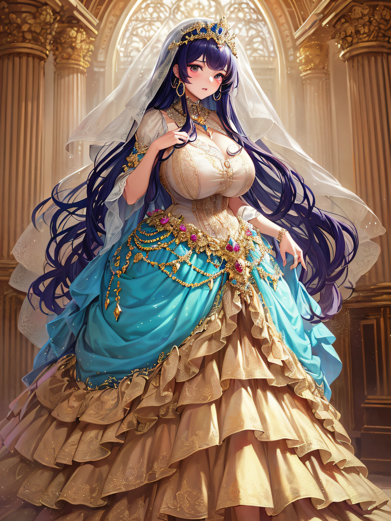 ((Anime Art Style)),((masutepiece,Best Quality,Super Detail,Very delicate and beautiful)),((Full body portrait)),((Solo)),(((One princess in beautiful embroidery and jeweled gorgeous rococo ballgown with voluminous full length hoop skirt))),(Crinoline hoop skirt),(((very gigantic boobs,Skindentation))),((extremely voluminous Very Long Straight Hair)),(finely detailed face and eyes),(Seductive smile,embarrassed),extremely gorgeousfull hair ornament,very gorgeous tiara adorned with bling-bling jewels,Glitter Gorgeous Gemstone Jewelry,Gorgeous Long Veil,opera gloves,(Beautiful background),(Full body),((beautiful embroidery and jeweled gorgeous rococo ballgown with voluminous full length hoop skirt))
