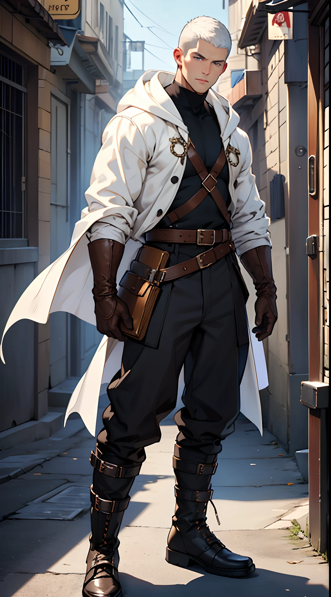 Handsome man , White hair , very Short hair, ((crew cut hair style:1 )) , Blue eyes , light skin , ((muscular:1)),masculine ,age 28 ,
Wearing a white hoodie , gold trim , a brown leather shawl , gray baggy pants , black and brown belts , black boots , brown gloves , lots of belts