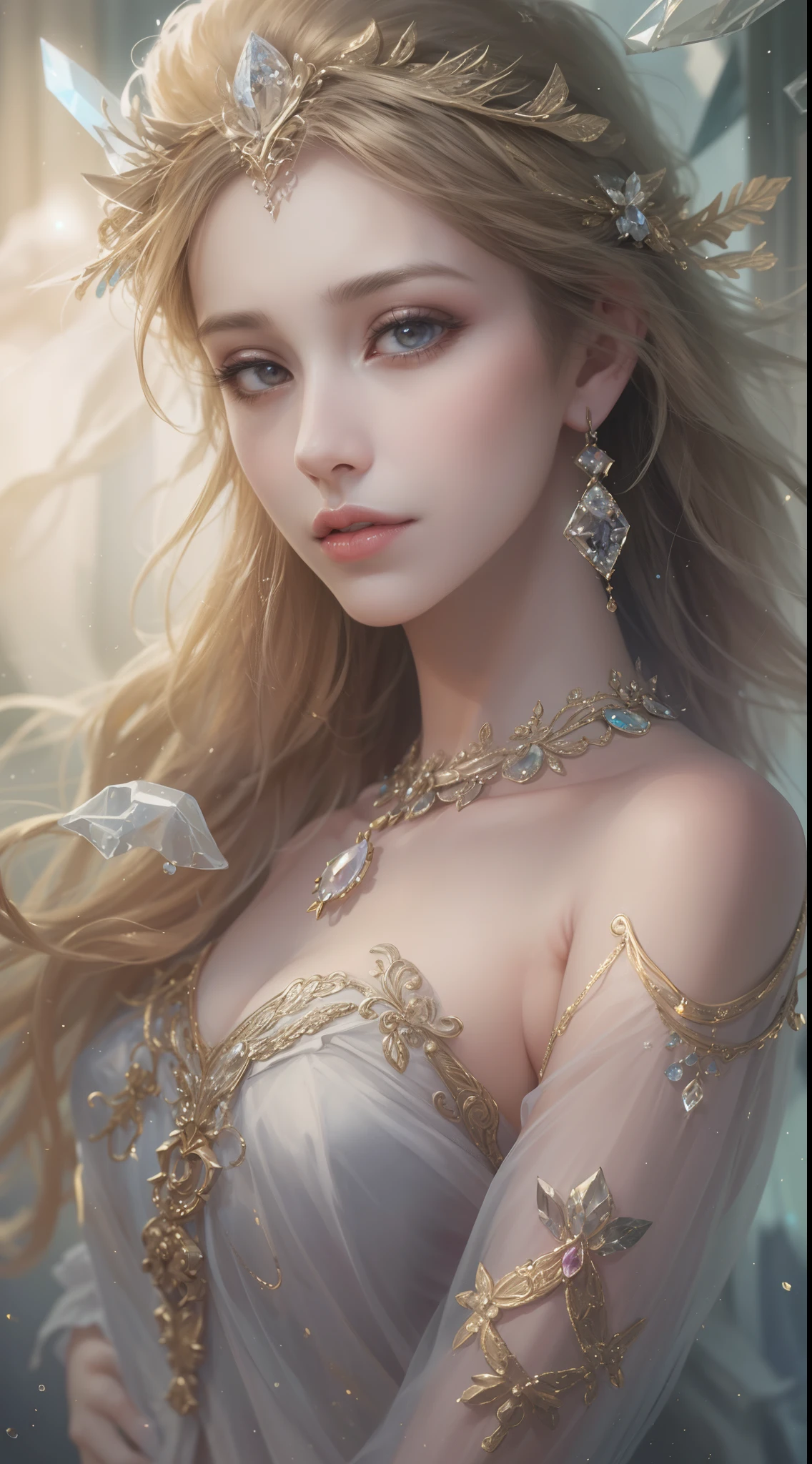 (Best quality,8K,A high resolution,Masterpiece:1.2),Ultra-detailed,(Realistic,Photorealistic,photo-realistic:1.37),Portrait,Creative style artwork,Historical,classical,Sophisticated,plethora of colors,Highly detailed,Soft lighting,luxurious environment,Delicate fairy flowing dress,detailed jewellery,Ethereal atmosphere,Elegant Pose,Graceful curves,Gold body proportions，Flowing hair,Breathtaking textile patterns,Harsh purple eyes,Delicate floral decoration,A dazzling array of crystal accessories,Mysterious and dreamy atmosphere,Impeccable attention to detail.