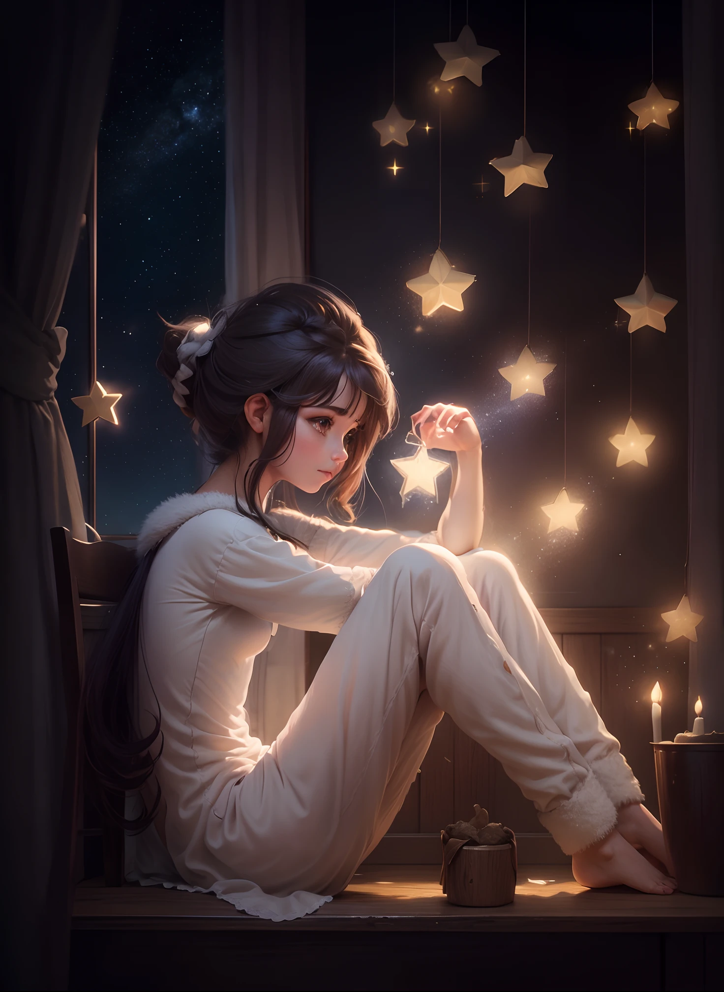 Poster de filme, garota de cabelo curto, estrelas brilhantes, garota de pijama em cima de uma poltrona, cabelo curto, garota de cabelo curto
