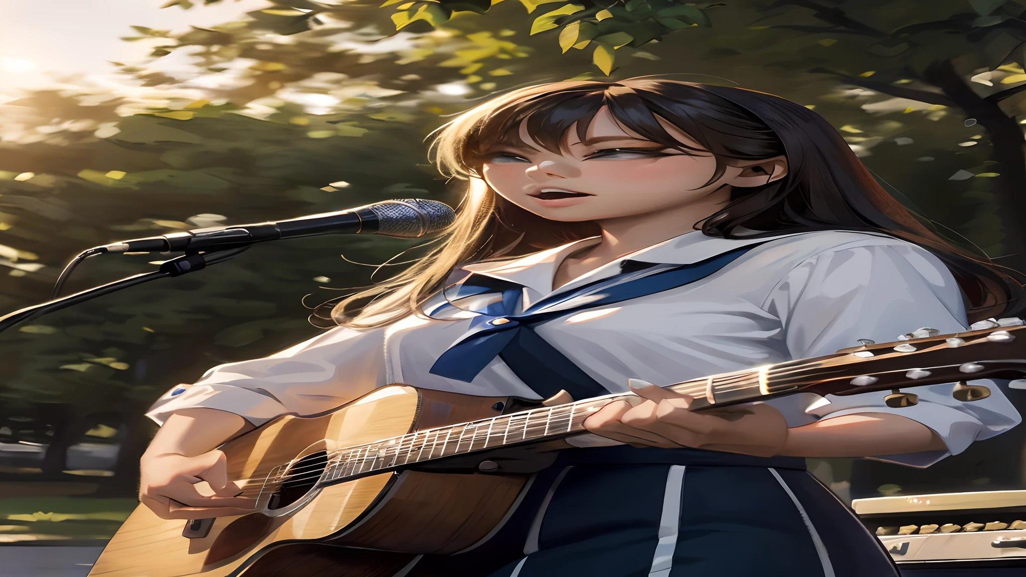 arafed asian girl in uniform playing guitar and singing into microphone, the girl plays the guitar, playing guitar, fanart, playing the guitar, playing a guitar, women playing guitar, singing for you, portrait of female korean idol, playing guitar onstage, musician, chiho, guitar solo, anime thai girl, jaeyeon nam, performing on stage, guitarist
