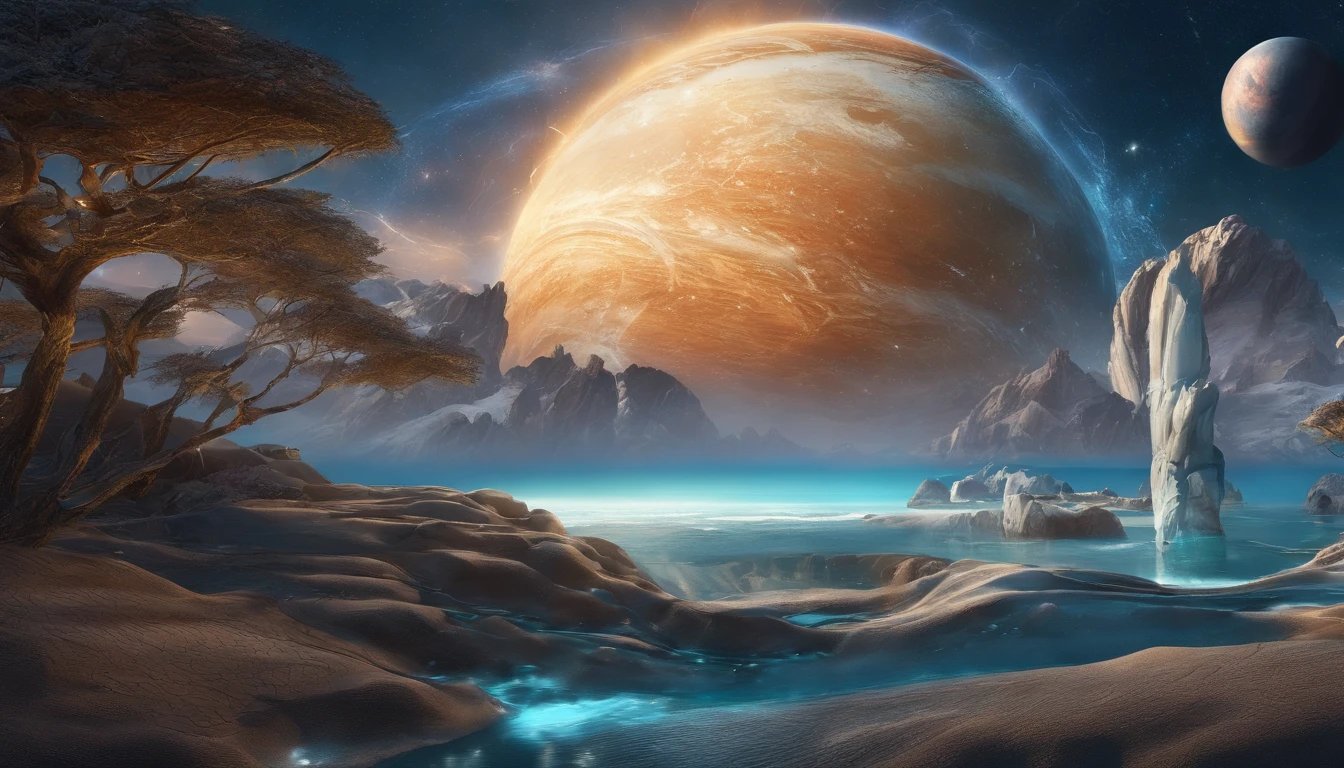huge planet, the night, starrysky, surrealism, masutepiece, hight resolution、Impressive Milky Way:1.9、sand beach、Vast blue ocean、Blue glacier、lightning bolt:1.9、Protoplanets