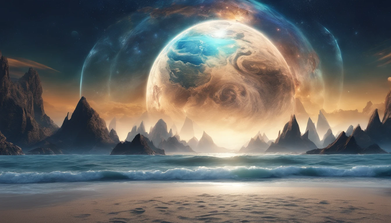 huge planet, the night, starrysky, surrealism, masutepiece, hight resolution、Impressive Milky Way:1.9、sand beach、Vast blue ocean、Blue glacier、lightning bolt:1.9、Protoplanets