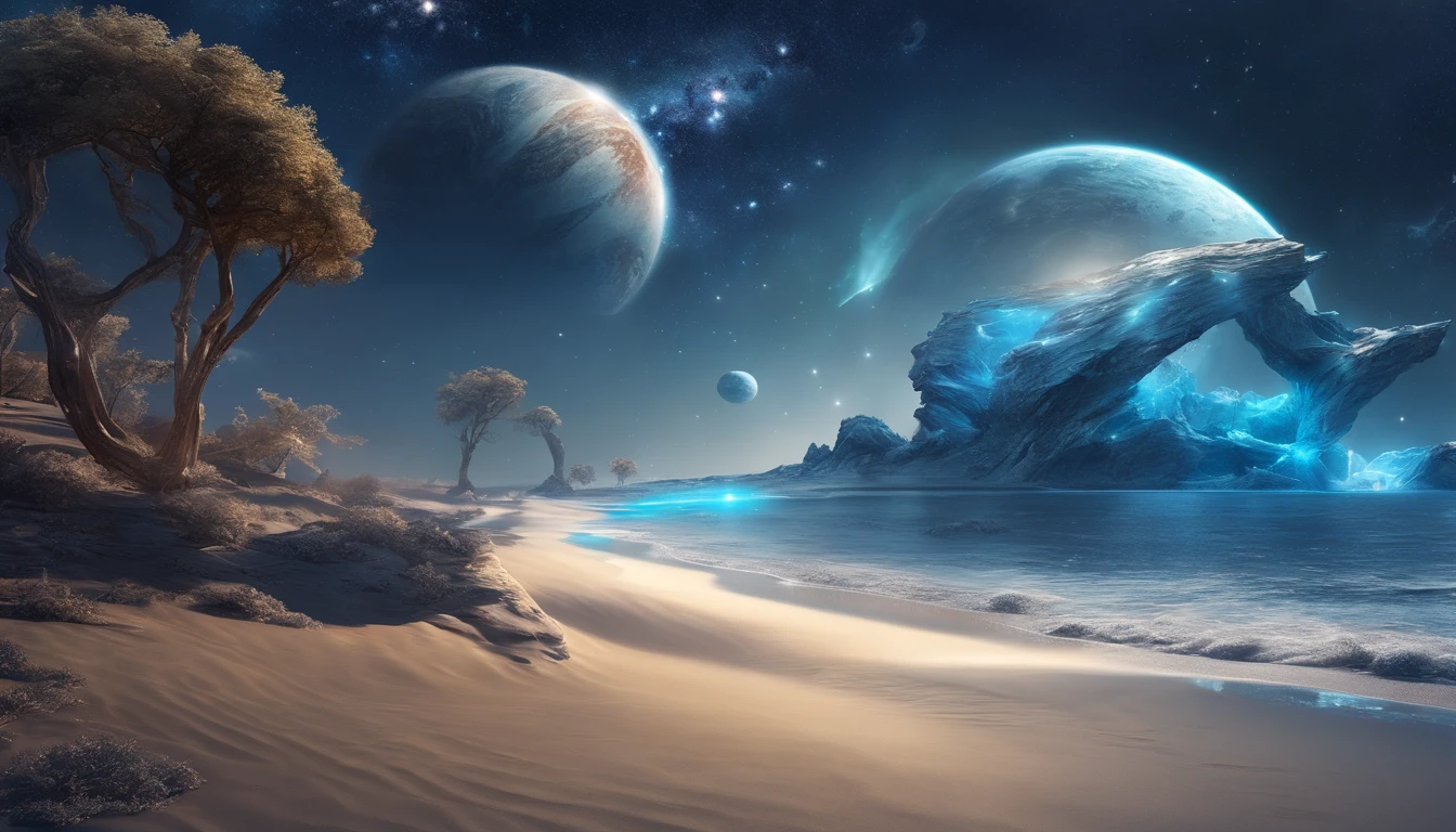 huge planet, the night, starrysky, surrealism, masutepiece, hight resolution、Impressive Milky Way:1.9、sand beach、Vast blue ocean、Blue glacier、lightning bolt:1.9、Protoplanets
