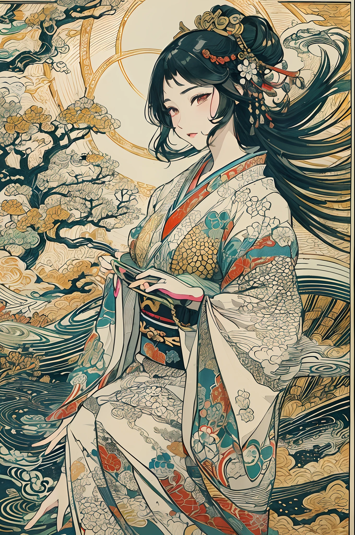 (masuter piece、top-quality、ukiyoe style、Mystical、Beautifully Aesthetic、offcial art、Sharaku:1.2)、(1 girl in:1.3)、(Fractal Art:1.3)、cowboy shot、white and clean skin、(Beautiful black hair、Kimono:1.2)、Traditional performing arts of Japan in the background、highly colorful、(scrollwork、A Japanese style:1.2)、