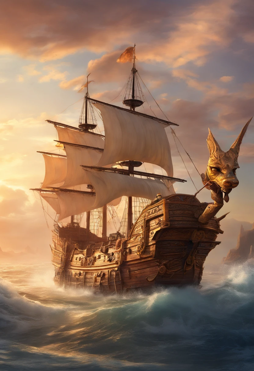 A large wooden ship, pirate flag whose symbol is a 3-headed dog, 3 giant dog heads carved in wood at the stern of the ship. Highly detailed, HDR, perfect, beyond imagination, 8K, global illumination, wide angle, god rays, dream world