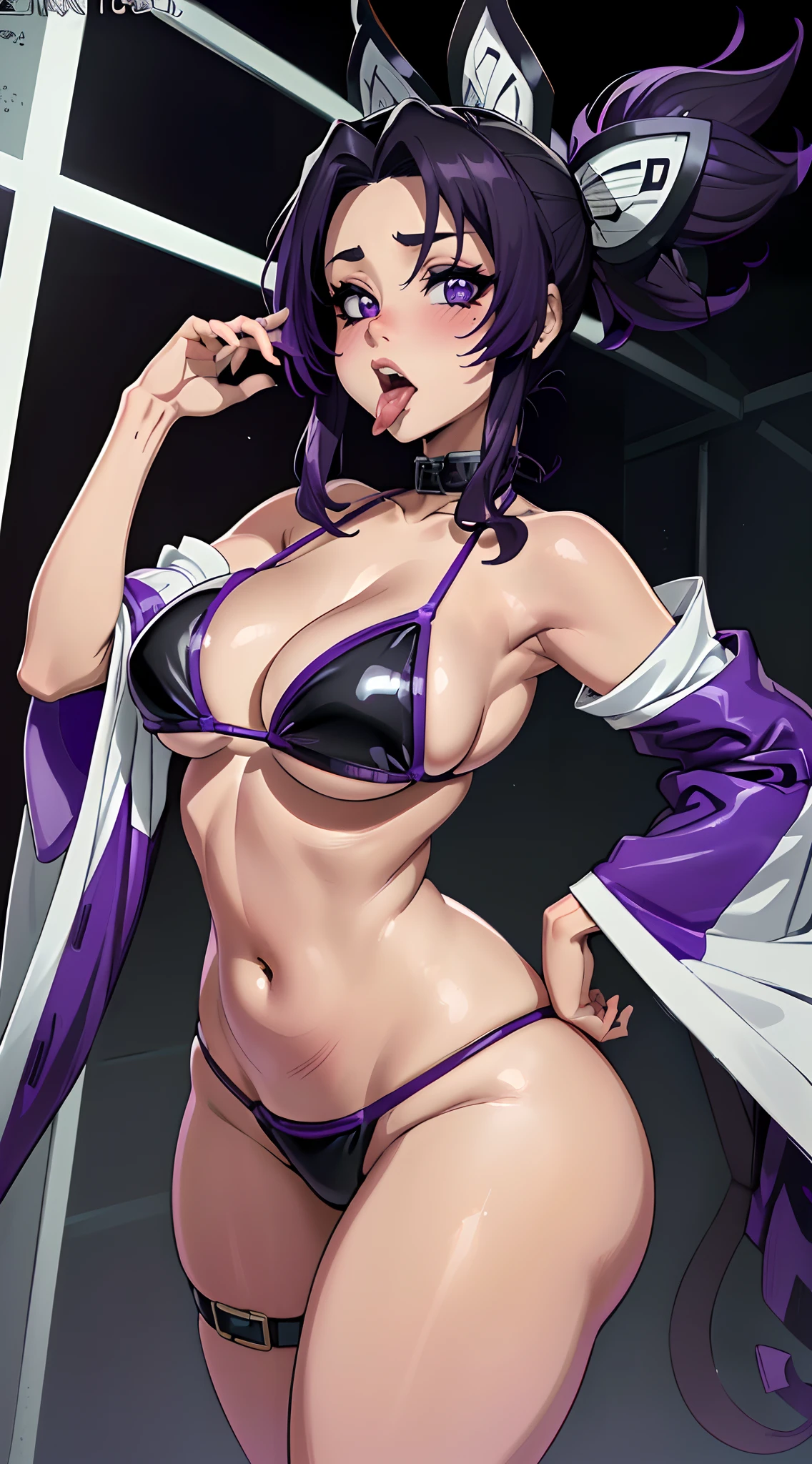 (melhor qualidade:1.3), (qualidade 4K), Shinobu Kocho for Demon Slayer, (((cabelo roxo e preto))), ((Rosto detalhado)), ((body curvy)), (peitos grandes), clivagem, sexy, ((latex bikini)), (((mouth open with tongue out))),