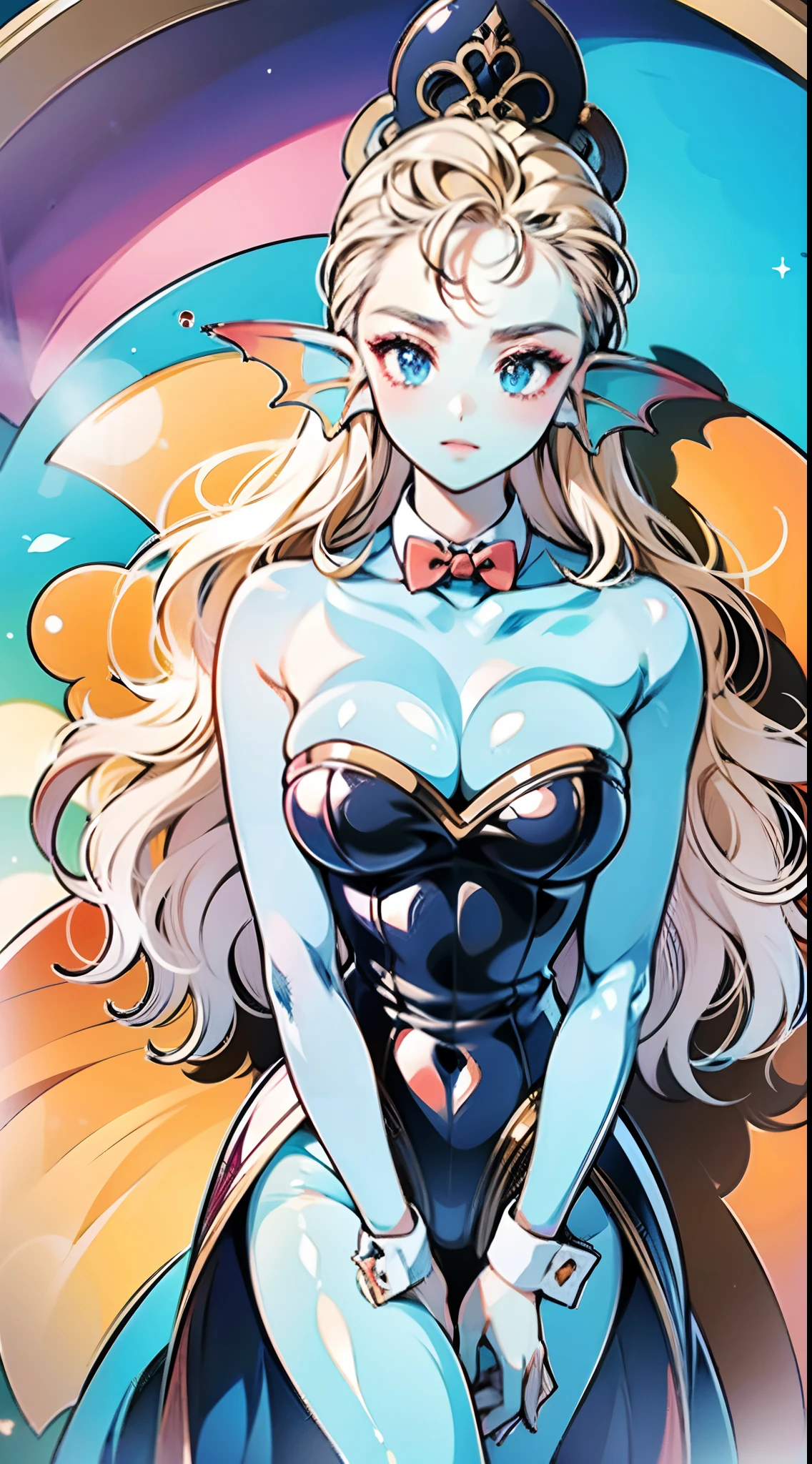 8K, High quality, married, Beautiful, Bright, Eye Highlights, Sexy, Erotic, beautiful line art, light blue skin, Blue and orange gradient ear fins, Bunny Girl, Bunny suit, Net tights on the legs, Explained from head to waist,