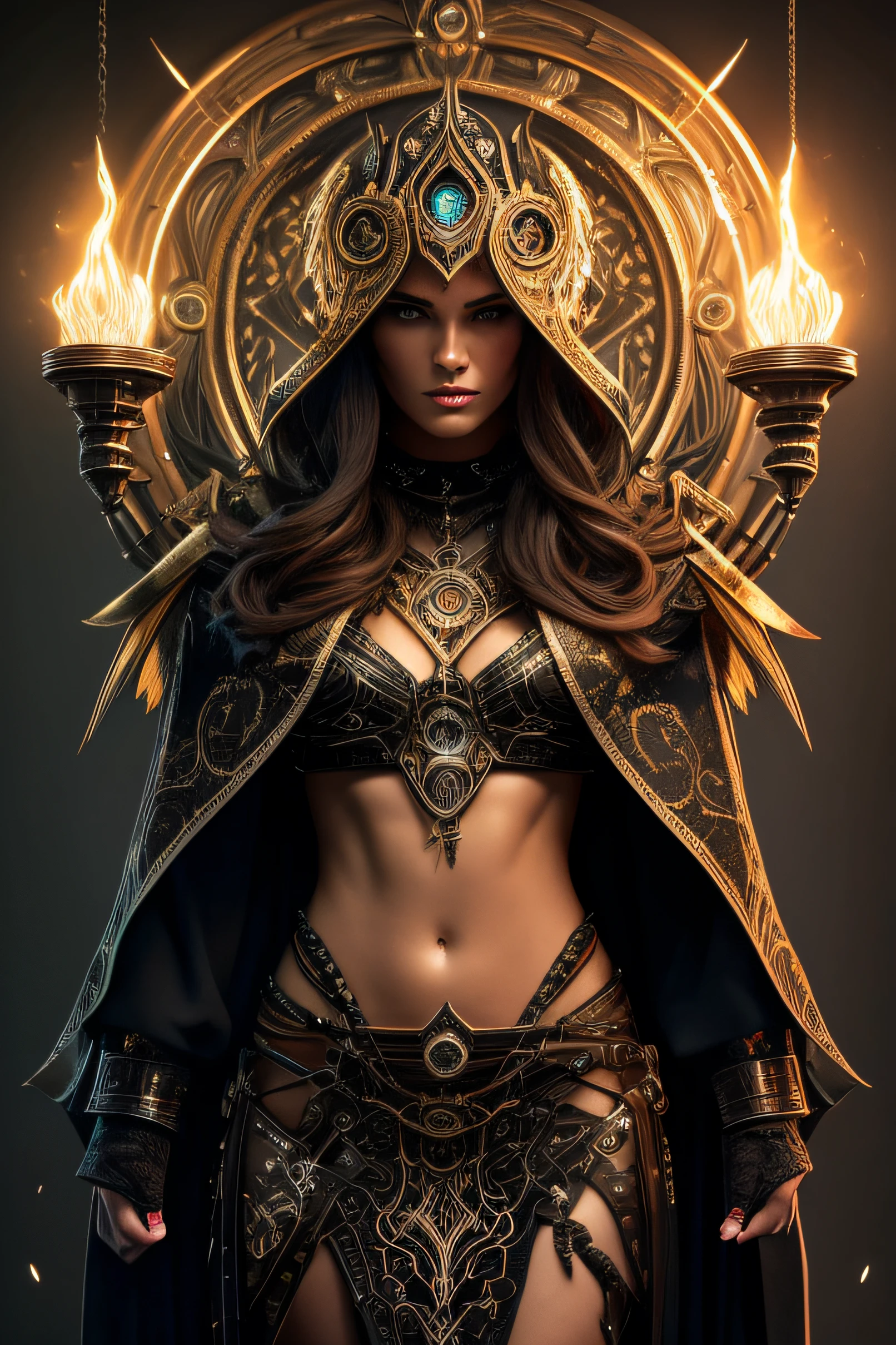 full body fantasy image medieval sexy indian goddess, with an appendage on his head controls a complex extraterrestrial alien machine, pipes, gears, smoke, steam, 3D, elaborate abro details, twilight, foreboding, gloomy, futuristic