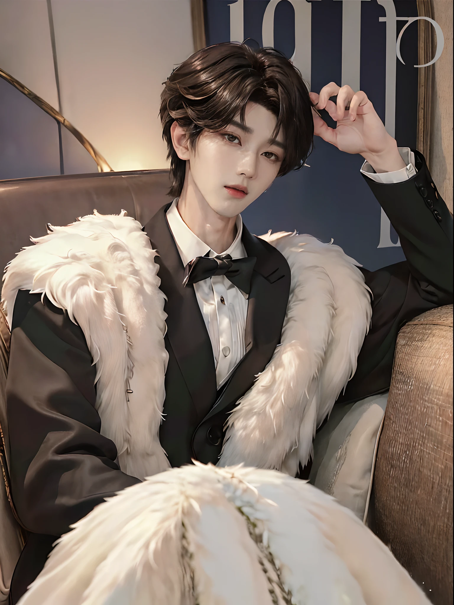 ((4K works))、​masterpiece、（top-quality)、((high-level image quality))、((One Manly Boy))、Slim body、((Man in black tuxedo))、(Detailed beautiful eyes)、((Model Magazines))、deacon、Face similar to Chaewon in Ruseraphim、((short hair above the ears))、((Smaller face))、((Neutral face))、((Light brown eyes))、((Korean boy))、((18year old))、((Handsome man))、((A charming expression))、((Korean Makeup))、((elongated and sharp eyes))、((Focus zoom out))、((Model Magazine Cover))、((model poses))、((Model photo))、((Butler Photos))、Professional Photos、((Magazine covers))、((Shot alone))、((Upper body photography))