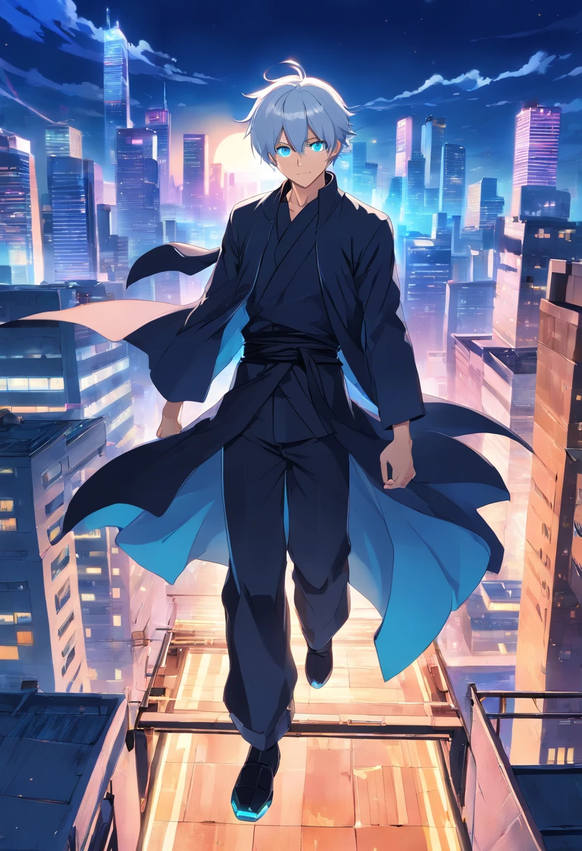 An anime man, Dressed in black modern Shinobi style, White hair messy in the wind, blue eyes, standing on top of a building smiling, dazzling blue light, Sparks of blue light circled the body, dynamic light effects, impressive aura, City background, midnight, full of building light,