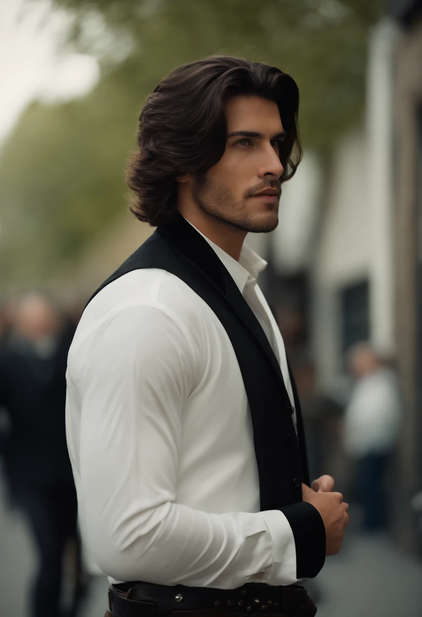 cinematic portrayal , Un hombre guapo de frente a la camara, mirando directo a la lente de la camara, Alto y en forma, (27 years old:1.1), (Afeitado:1.2), (cabello corto color negro :1.5),(pelo muy corto:1.6). Traje ajustado negro, Camisa blanca . Fondo pared blanca, Clean composition, Detalles fuertes, Colores apagados, Hasselblad, Estilo RAW