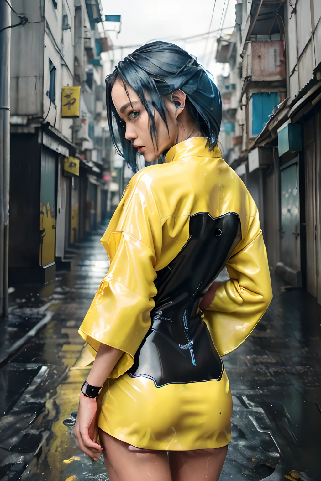 8k, ARTISTIC photography, best quality, masterpiece: 1.2), (realistic, photorealistic: 1.37` Movie still from matrix movie, (cyber punk woman connected to a sever mainframe,), ((Blue hair)) , (server room), ((Rila Fukushima)), over-detailed face, (((big open eyes))), beautiful body, toned body, (( dressed as futuristic Geisha clothes, ǍCROŇYM)). (((latex yellow Kimono))), background is Kowloon City、Back alley、(Wet ground)、((Delicate depiction))、pipes、duct、electric wires、signboard、plein air, tag, simple background, blue open sky, shorth hair, Skysky, looking at the viewers, stairway, cinematic lighting,