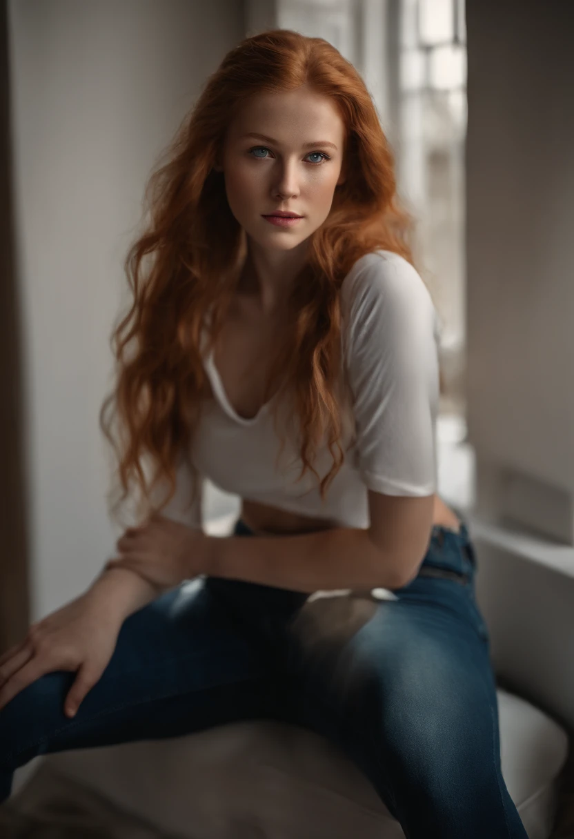 young girl, red-haired woman, blue eyes with light freckles on her cheeks, beautiful, he is wearing a transparent shirt. red stockings, big tits. is in a modernist living room. sits on a white minimalist armchair . Ultra-high resolution, (photorealistic: 1.4), high resolution, (brown eyes), (finely detailed skin), (perfectly proportioned) (photo realistic) (masterpiece) (photorealistic), ultrarealistic (Best Quality) (Detailed) photographed in a Canon EOS R5, 50mm Lens, F/2.8, (8K) (Wallpaper) (Natural lighting) (Convoluted) Fashion