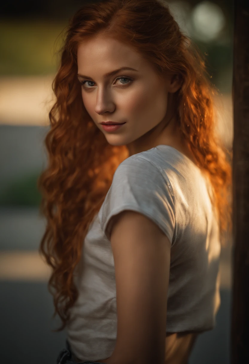 (8k, RAW photo, highest quality),(epic realistic:1.5), a girl, dynamic posture,erotic face,shirt,(detailed eyes:0.8),(looking at the camera:1.4), (highest quality), (best shadow),intricate details,cinematic,((skin:1.4)),interior, (long ponytail ginger hair:1.3),dark studio,(hdr:1.5),detailed, muted colors, frecklesTop quality, (bright lighting: 0.7), masterpiece, big angle shot, RAW photo (pale -yeld Irwoman, looking up at the viewer), cute, (undressed, disheveled, with bright red matted hair), (sitting), full-length portrait, perfect face, captivating eyes, bright details, pouting lips, (high skin detail), freckles, small breasts, (blue tint: 0.6), (dirty: 0.8), (bloody: 0.7), Key lighting, (backlight: 0.5), medium depth of field, Canon 5D, 50mm lens, f/4 aperture, (ultra-detailed, complex detail), sharp focus, soft colors, 8k, absurd, 8mm film grain, war photography,flirting with camera, jeans, sorriso, nua, pernas abertas