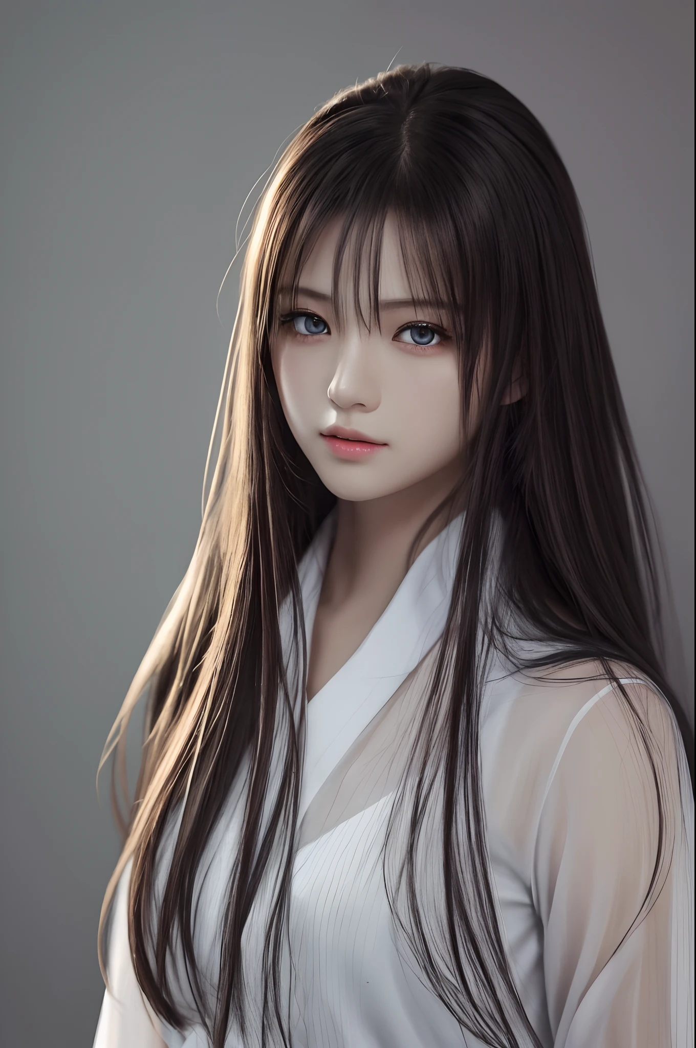 A woman with long hair and a white shirt posing for a picture - SeaArt AI
