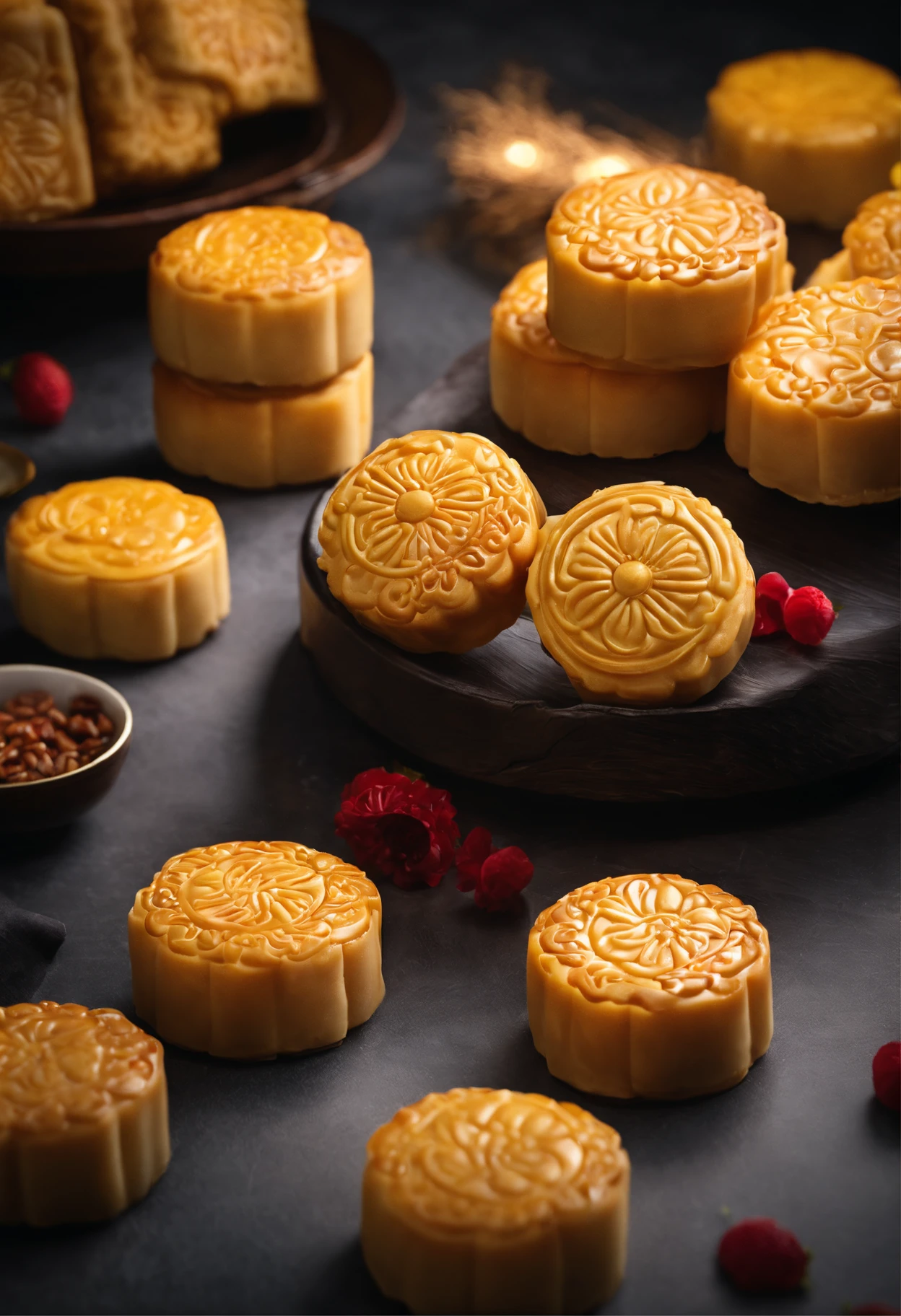 Commercial shooting, Cantonese egg yolk mooncakes, Mooncake size, poster for, Fresh style background, elegant, Booth lighting, Attractive, photorealistic colors, Ultra HD