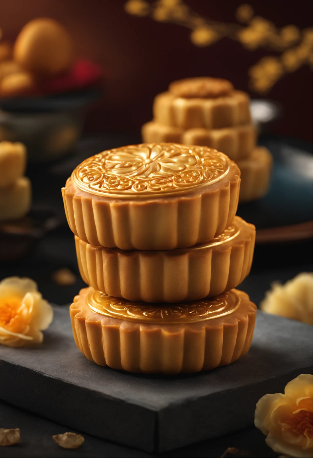 Commercial shooting, Cantonese egg yolk mooncakes, Mooncake size, poster for, Fresh style background, elegant, Booth lighting, Attractive, photorealistic colors, Ultra HD