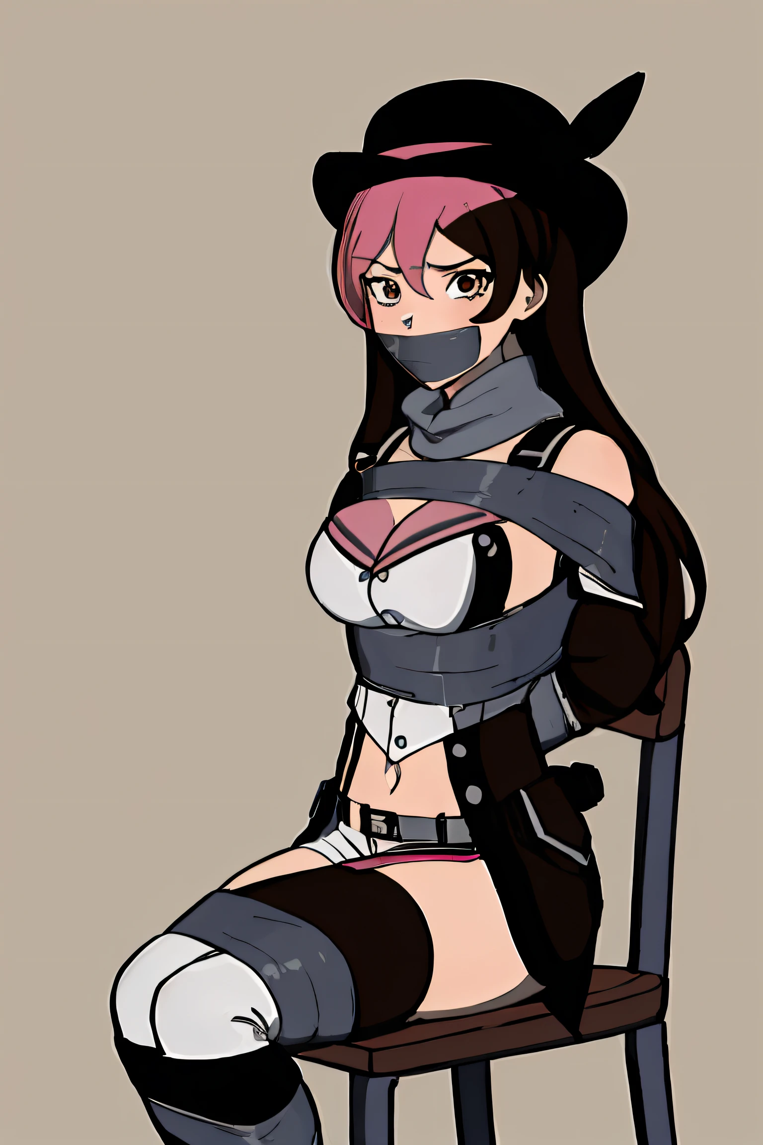 (absurdres, 8k, 4k, masterpiece, hyper extreme detailed:1.2), ((masterpiece,best quality)), absurdres, anime character, girl, female, neopolitan, long hair, brown hair, (brown eyes:1.3), pink hair, multicolored hair, pink eyes, two-tone hair, (heterochromia:1.2), split-color hair, gloves, hat, navel, brown eyes, detached sleeves, midriff, belt, pants, white gloves, black headwear, bowler hat, bound, bondage, (arms behind back:1.4), bdsm, tape gag, tape, tape bondage, close-up, restrained, best anatomy, curled up, full body, standing, taped thighs, taped legs, legs together, sitting, chair, tape wrapped, wrap gag