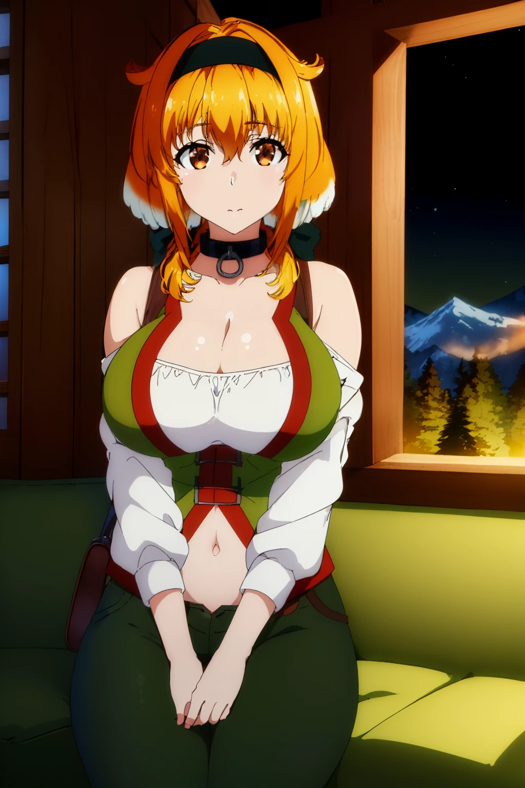 (Night:1.7), in front of a mountain range with a wooden cabin in the background,blue_sky,
sitting at attention,sitting on couch,
hite top and green and brown outfit,green jacket,bag, bare_shoulders, belt,brown_belt,midriff, navel,Green_pants,
blonde hair,long_hair,hairband,bangs, brown_eyes,
1 girl, 20yo,Young female,Beautiful Finger,Beautiful long legs,Beautiful body,Beautiful Nose,Beautiful character design, perfect eyes, perfect face,
looking at viewer,(Upper_body),(Focus on her face),
NSFW,official art,extremely detailed CG unity 8k wallpaper, perfect lighting,Colorful, Bright_Front_face_Lighting,
(masterpiece:1.0),(best_quality:1.0), ultra high res,4K,ultra-detailed,
photography, 8K, HDR, highres, absurdres:1.2, Kodak portra 400, film grain, blurry background, bokeh:1.2, lens flare, (vibrant_color:1.2)
(Beautiful,large_Breasts:1.4), (beautiful_face:1.5),(narrow_waist),