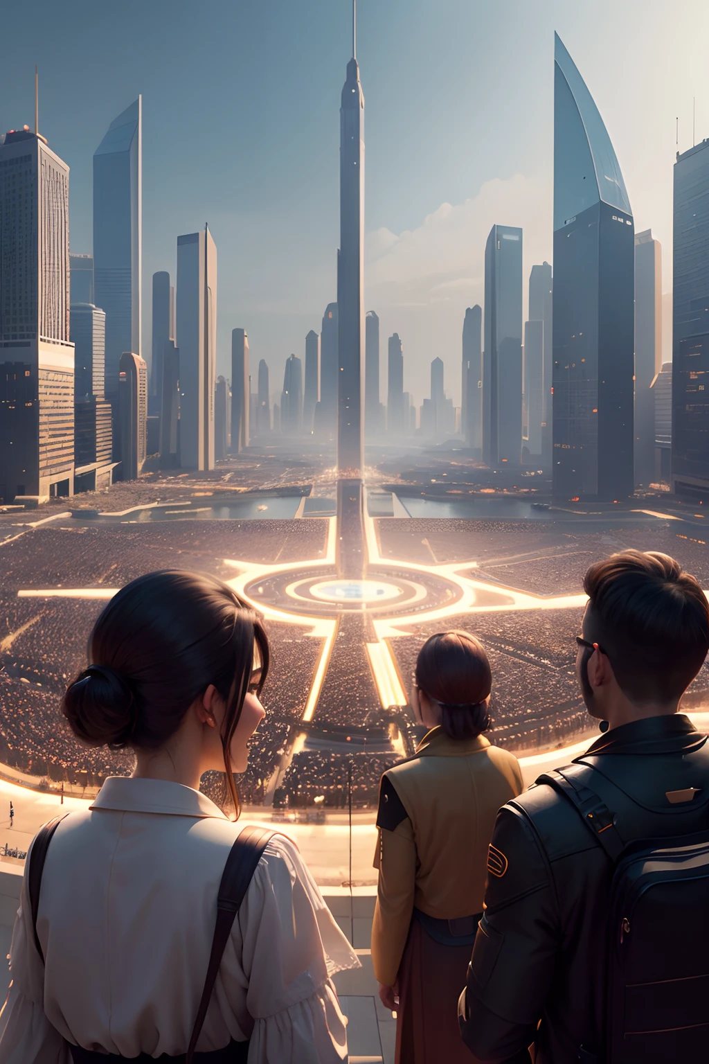 Happy and prosperous people gathered in a square, technologically advanced humanity, year 2100.