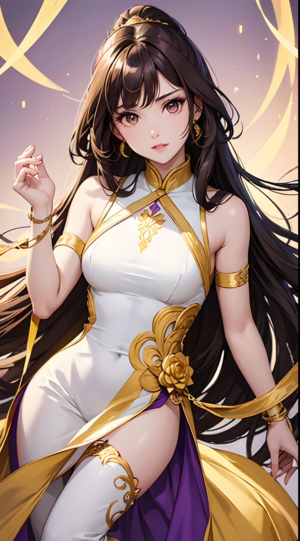 Beautiful woman , very long hair , dark brown hair , gold eyes , lean body , yellow under hair , age 26
Wearing a white dress, purple and gold trim , black straps, sleeveless , long white arm bands , modern Qipao, Sexy , light purple accessories ,