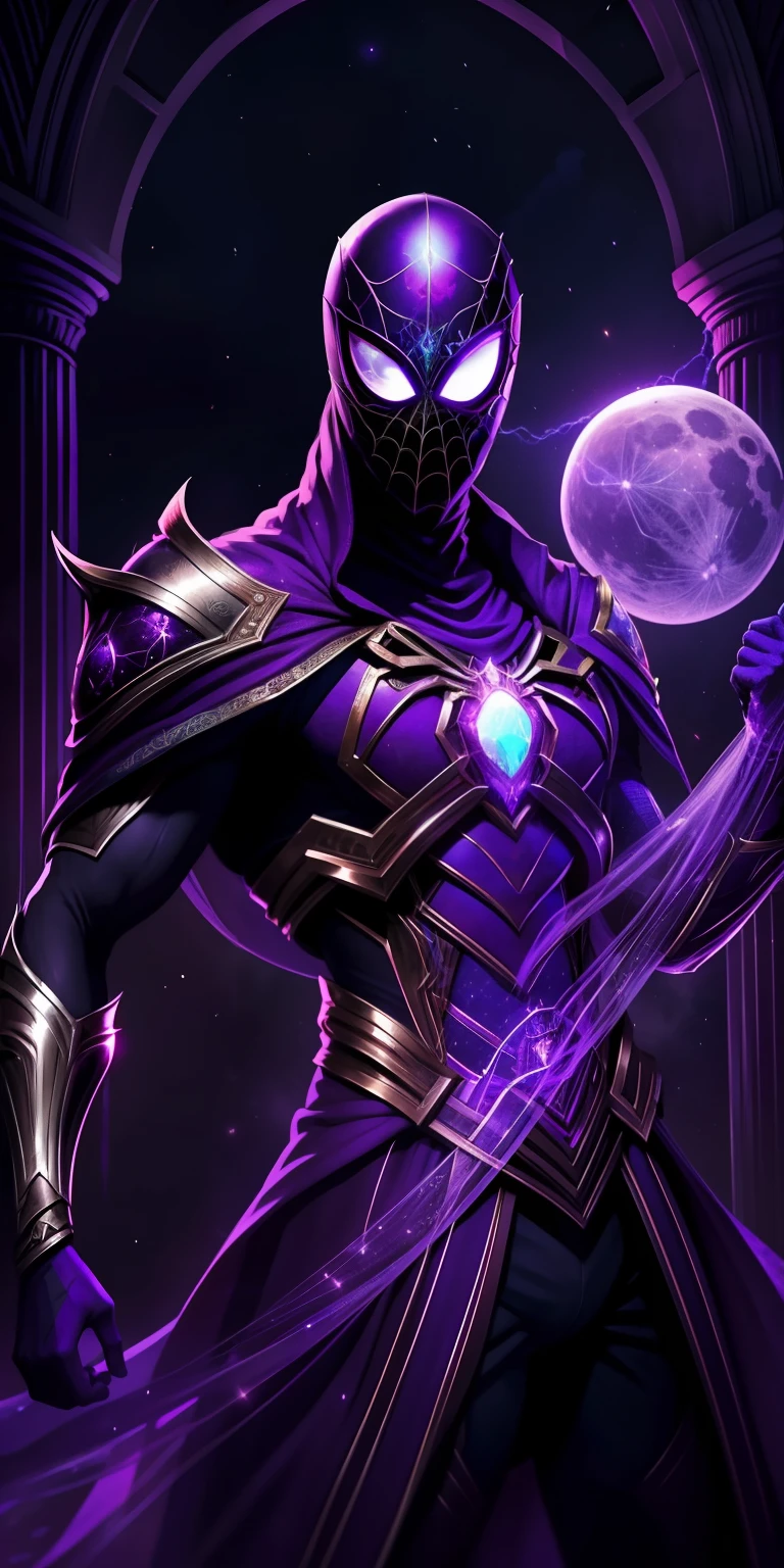 Spectral Spider" He wears a dark suit with purple and blue ethereal flashes... En su pecho, The spectral symbol takes the form of a single spider, parecida a la Araneidae Luminae, A fictional species of spider that shines in a faint and mysterious light. His mask has bright blue eyes and shoots threads of ethereal energy instead of cobwebs...... Se mueve sigilosamente y lucha contra villanos sobrenaturales, Using its connection to spectral energy in an enigmatic multiverse. Ether lighting, escena de fondo luna, Luna llena, Luna Roja