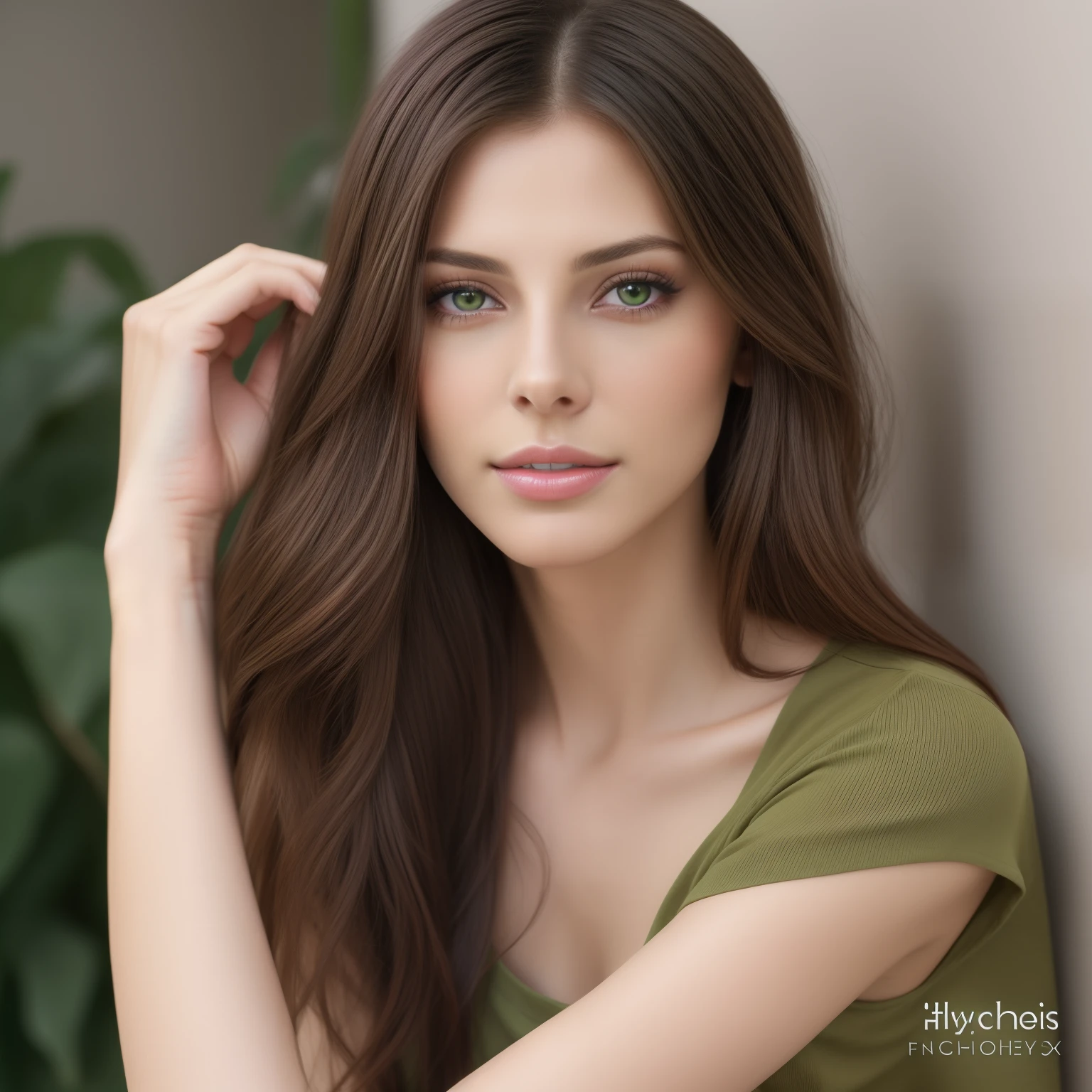 A beautiful woman, 23 years old, slim, fair skin, straight brown hair, long hair, stylish feminine haircut, attractive face, feminine face, bright green eyes, serious features, straight nose, detailed face, full lips , thin face, wearing feminine casual clothes, posing for a photo, edited in Adobe Premiere, Ashley Greene 8k
