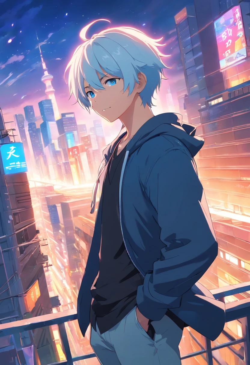 An anime man, Dressed in black modern Shinobi style, White hair messy in the wind, blue eyes, standing on top of a building smiling, dazzling blue light, Sparks of blue light circled the body, dynamic light effects, The energy in the body is overflowing, impressive aura, City background, midnight, full of building light,